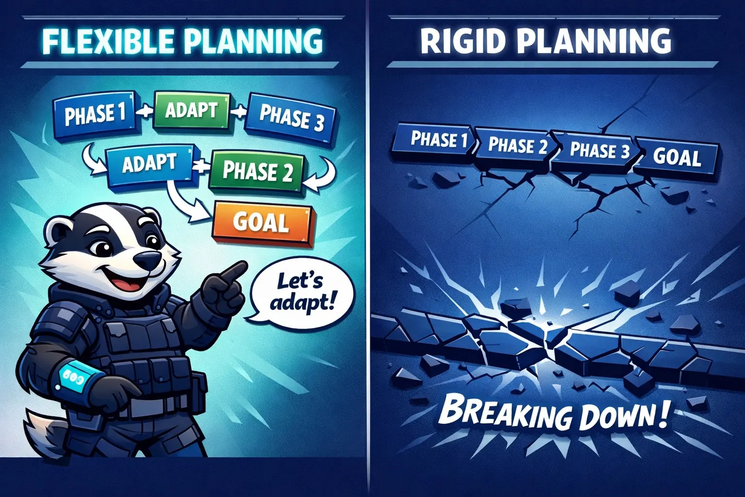 Flexible phase-based goal planning system adapting versus rigid plan breaking apart
