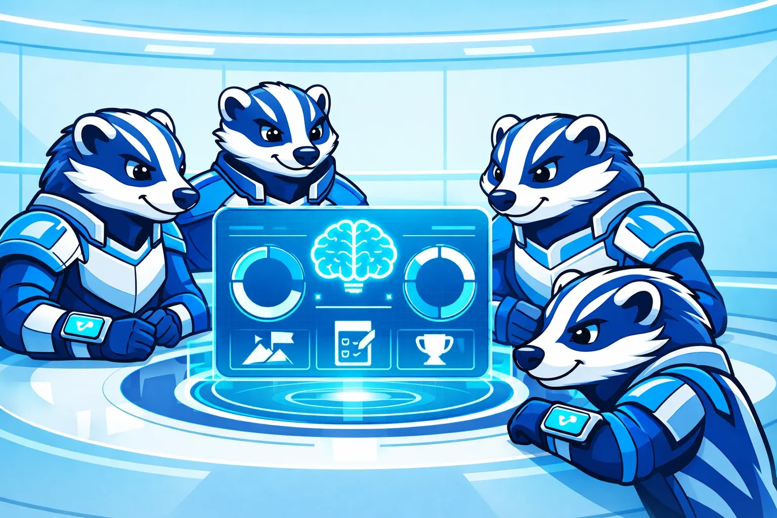 A team of futuristic badger mascots representing a Clan