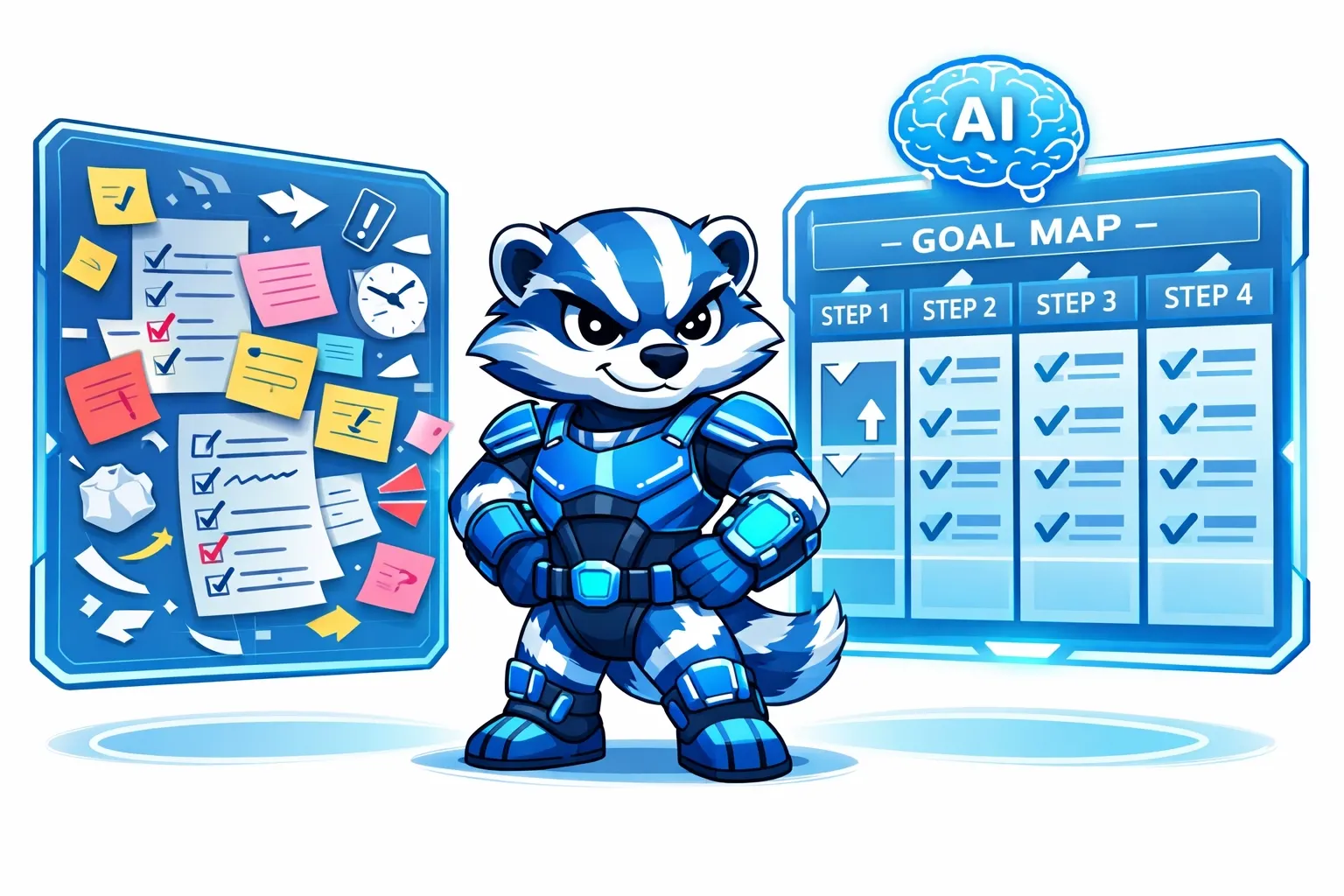 Goalbadger mascot comparing a cluttered to-do list with a clear, structured Goal Map for better memory and focus.