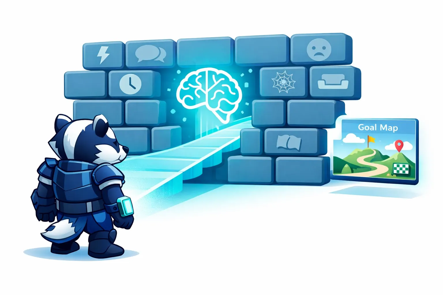 Goalbadger mascot facing the “Wall of Awful” with an AI brain icon projecting a path into a Goal Map interface.