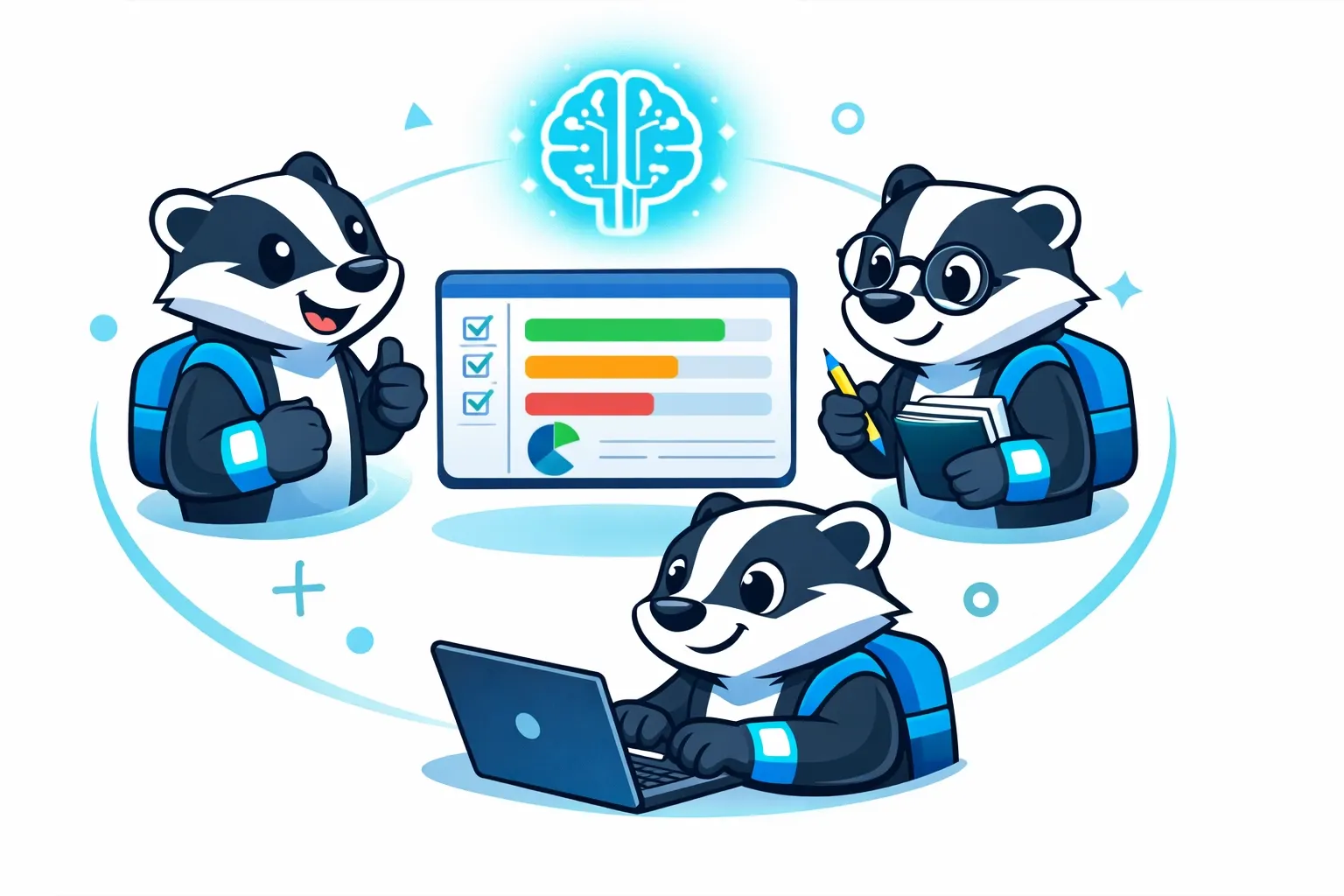 Three Goalbadger mascots in an Accountability Clan around a shared progress dashboard with a glowing AI brain icon overhead.