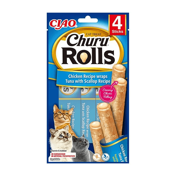 CIAO Churu Rolls Premium: Krema Dolgulu İkili Lezzet Çubukları (4'lü Paket)