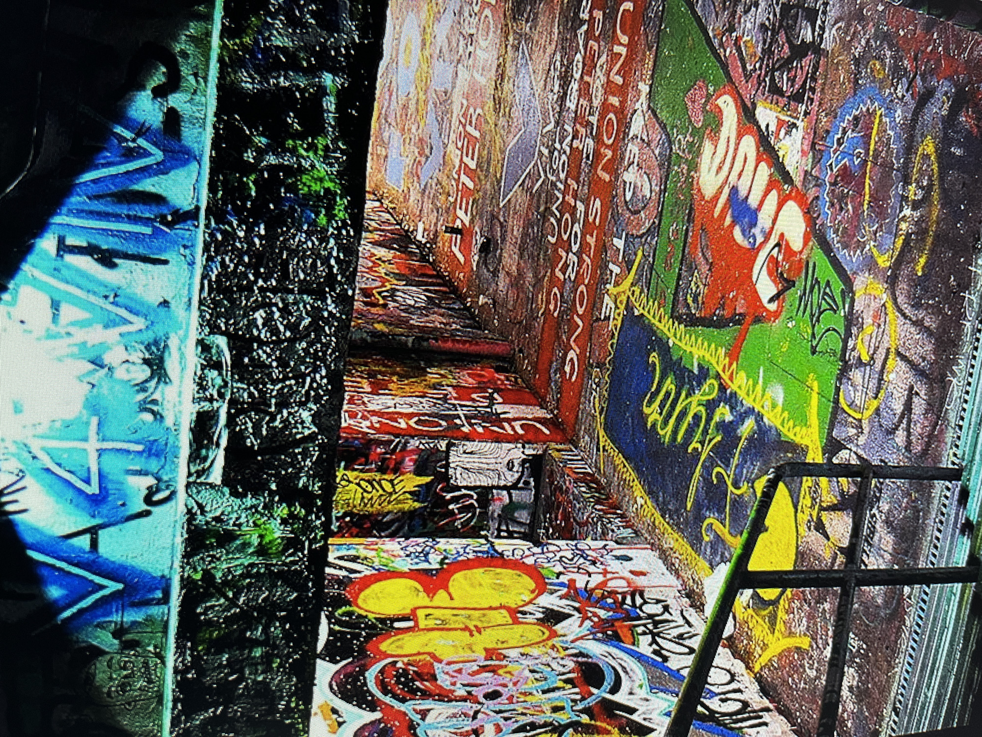 The image captures an urban underpass or tunnel heavily adorned with graffiti. The tunnel walls and floor are completely covered in a vibrant and chaotic display of spray paint. On the left, the wall is a dense tapestry of tags and elaborate graffiti pieces in various colors, including large yellow and red letters. The right side of the tunnel opens up, revealing a sloping floor also covered in graffiti, with phrases like "UNION", "PETER", and "STRONG" visible. The floor graffiti appears to have layers of paint, suggesting repeated use and overpainting.
In the foreground, a metal railing and stairs descend into the tunnel, also showing signs of wear and possibly graffiti. The upper portion of the image shows more graffiti on what appears to be a ceiling or upper wall, with large blue letters and a number "4" prominently displayed. The overall impression is one of a neglected urban space transformed into a canvas for street art. The lighting suggests it is either daytime with shadows or artificial lighting within the tunnel. The environment is gritty and urban, indicative of a place frequented by graffiti artists.