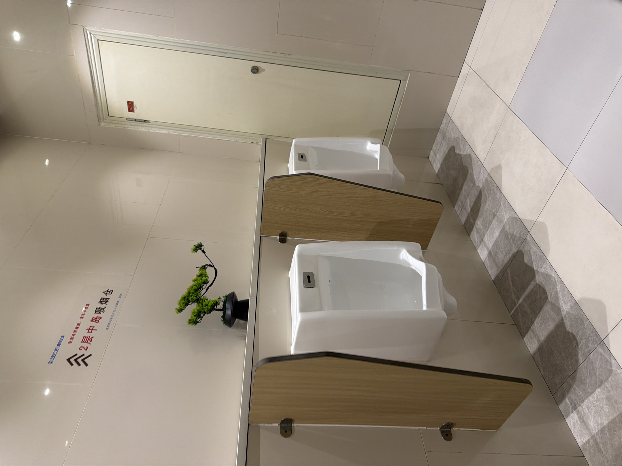 The image depicts a modern, well-lit public restroom, likely for men, featuring two urinals separated by wooden partitions. The urinals are white ceramic and mounted on a tiled wall. Above the urinals, a small decorative bonsai tree in a black pot is visible. A closed door, a lighter beige color with a silver handle and a small red sign, is located on the right side of the frame. The floor is tiled in a pattern of light beige and grey squares. A sign on the wall above the urinals, with Chinese characters and arrows, indicates "2F Zhongdao Smoking Room". This suggests the location is the second floor of a building named "Zhongdao" and it is a designated smoking area. The overall impression is one of cleanliness and contemporary design.
