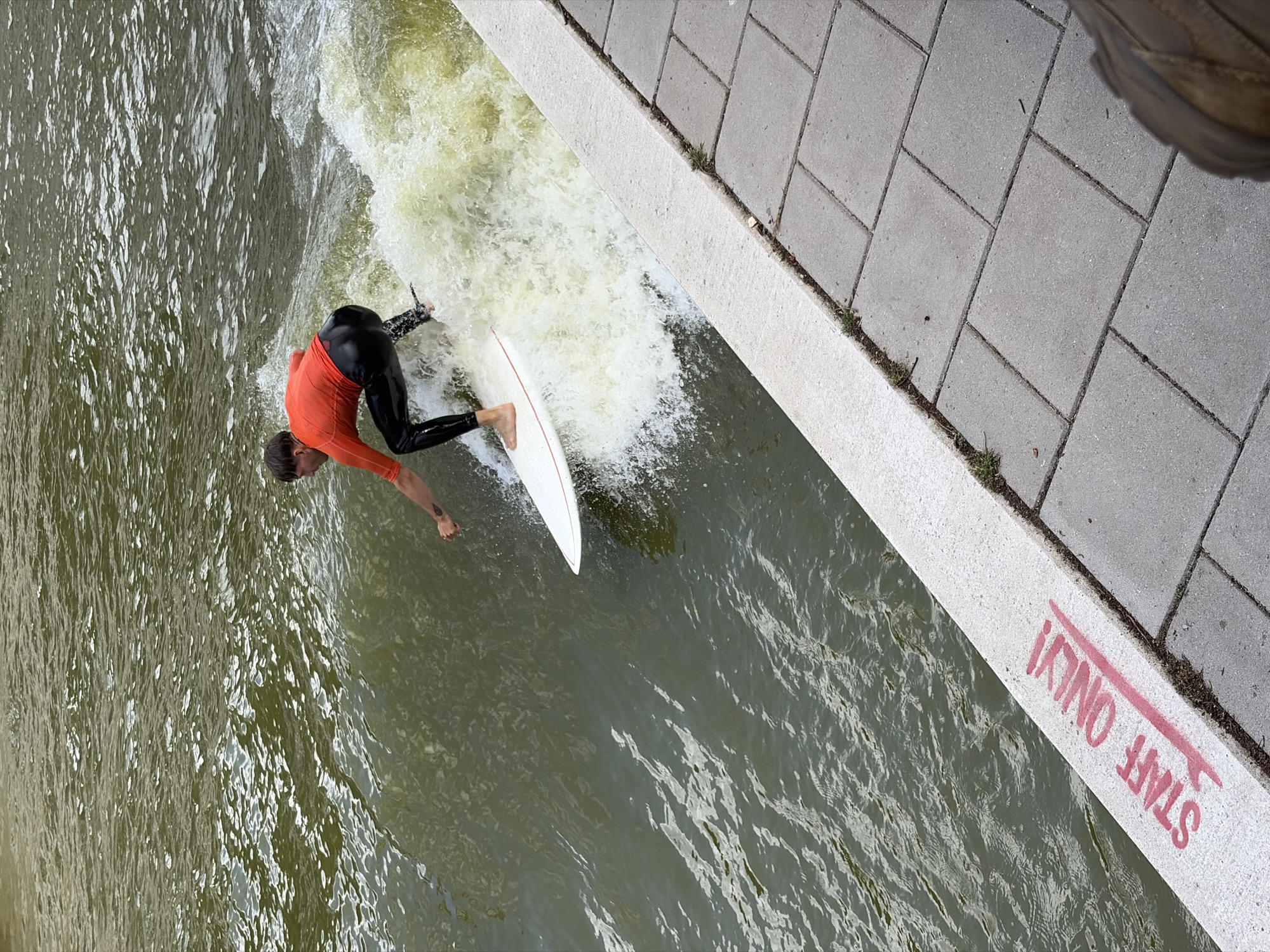 A surfer, wearing a bright orange top and black leggings, navigates a standing wave in a river in Rotterdam, Netherlands. The surfer is on a white surfboard, with the tail of the board angled upwards as they ride the wave. The water is choppy and turbulent, creating a white spray around the surfer.
The scene is viewed from above, looking down at the river and the adjacent bank. The bank is paved with light gray rectangular stones, bordered by a concrete edge. The concrete edge has red spray-painted text that reads "STAFF ONLY!". Green grass and small weeds grow in the cracks between the paving stones and along the edge of the concrete.
The lighting suggests it is daytime, likely sunny, with clear reflections visible on the water's surface. The overall atmosphere appears energetic, focused on the activity of surfing. The combination of the urban setting with the river and the surfing activity creates a unique urban watersport scene.