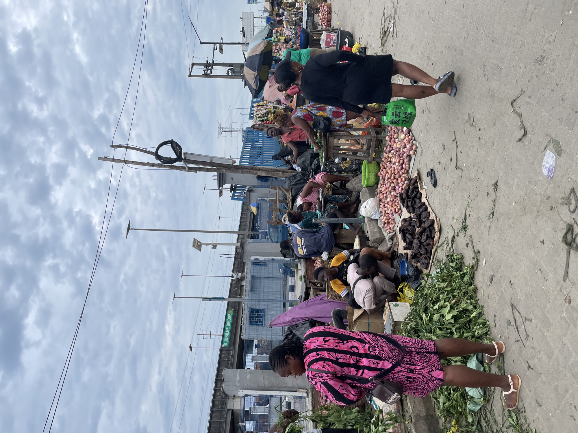 This is a street-level, medium-shot photograph of a bustling outdoor market in Lekki, Nigeria, under an overcast sky. In the foreground, a woman wearing a pink and black patterned dress and sandals stands facing left, her back partially to the camera, with a dark-colored purse slung over her shoulder. She is surrounded by piles of leafy green vegetables and some dried dark produce on the ground. To her right, several people are engaged in market activities. One man in a yellow and black shirt is crouched down, seemingly interacting with the produce. Others are seated or standing behind stalls laden with goods. In the middle ground, various market stalls are visible, featuring produce like onions, and items are displayed under umbrellas and on tables. Overhead, a portion of the Jubilee Bridge is visible, with the sign "JUBILEE BRIDGE" clearly displayed. The ground is a paved surface with scattered debris and vegetation. The overall scene depicts a vibrant, active marketplace environment.