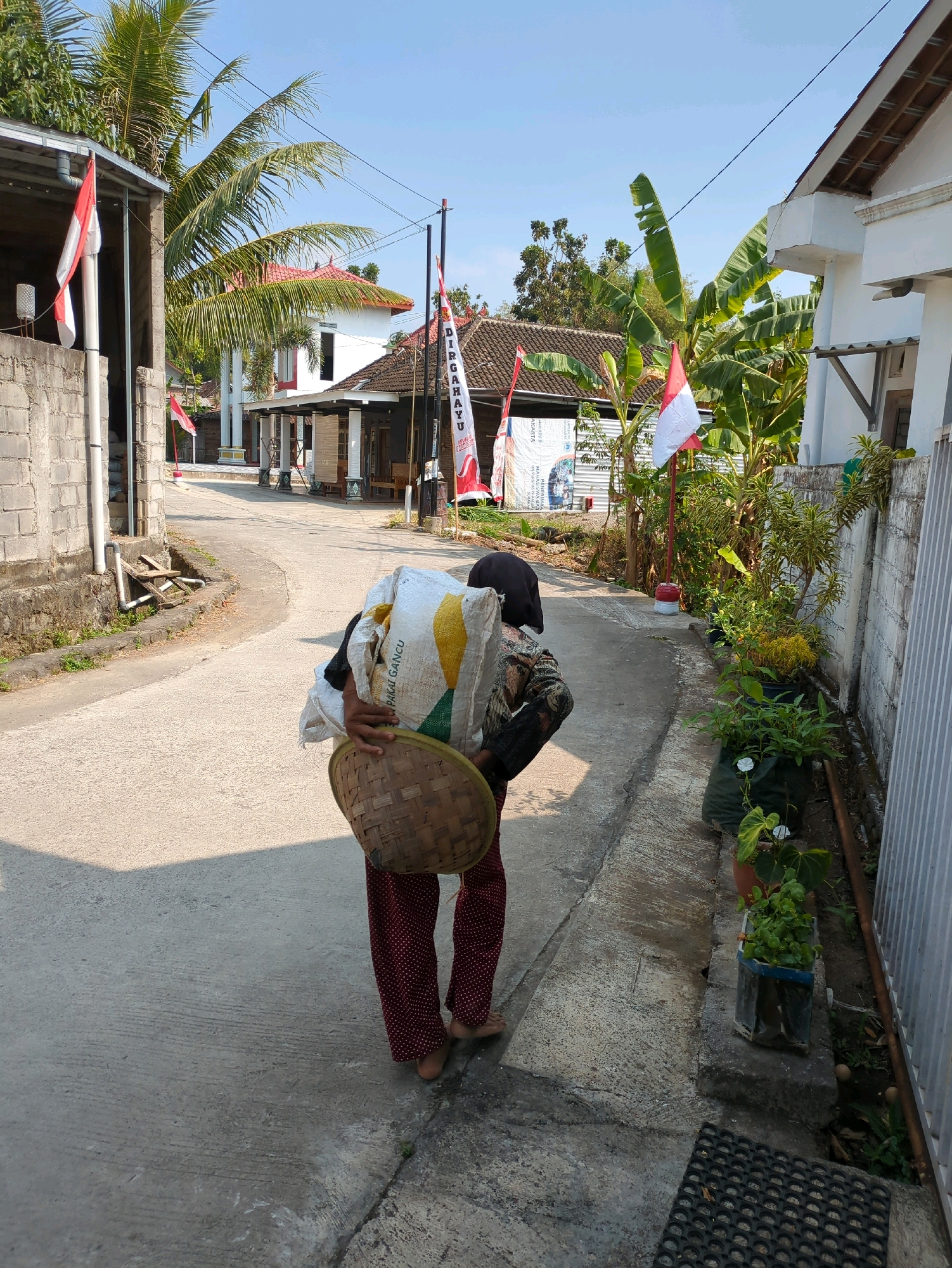In Sindon, Indonesia, a person walks down a paved street carrying a large sack of goods over their shoulder, balanced with a woven basket. The person is wearing a headscarf, a patterned shirt, and red pants with white polka dots. The street is lined with houses, some with red-tiled roofs, and tropical plants such as banana trees and palm trees. Indonesian flags are visible, suggesting a national holiday or celebration. The environment is bright and sunny, with clear blue skies.