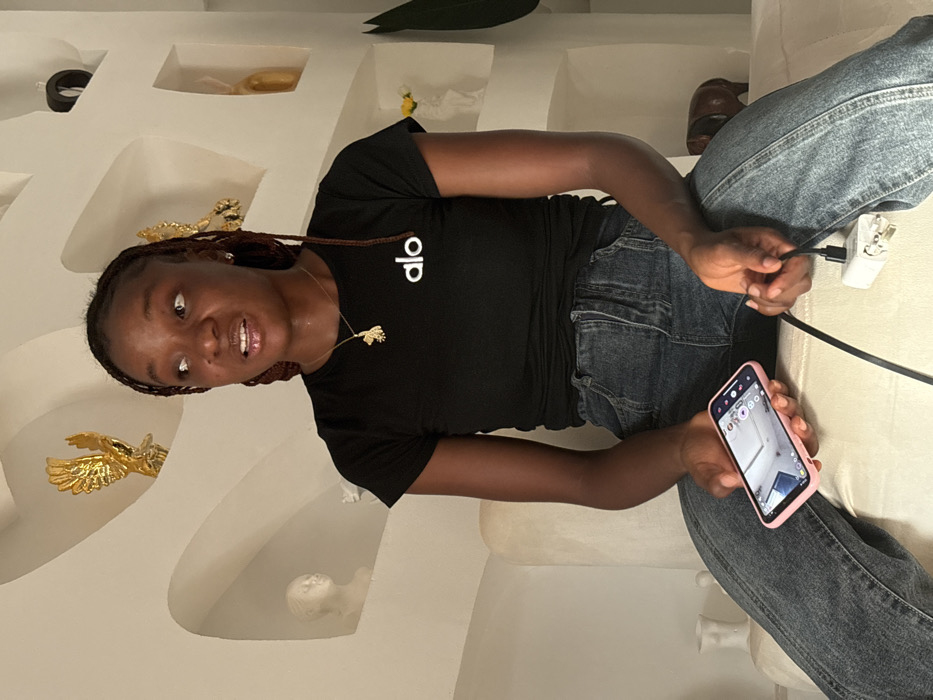 An individual is seated indoors in Lafia, Nigeria, on a light-colored upholstered surface against a decorative white wall featuring multiple recessed niches. The wall niches display various ornamental objects, including a golden eagle statuette, a white bust sculpture, a golden abstract sculpture, a small yellow flower in a white vase, and a dark brown animal figurine. The seated individual is a female with dark skin and braided dark hair, wearing a black short-sleeved t-shirt with a white "alo" logo on the left chest and blue denim jeans. She wears a gold-colored pendant necklace. Her mouth is slightly open, and her eyes are wide, directed towards the upper right of the frame. In her left hand, she holds a pink-cased smartphone with its screen illuminated, displaying an interior room. In her right hand, she holds a black charging cable connected to a white two-pronged wall adapter.