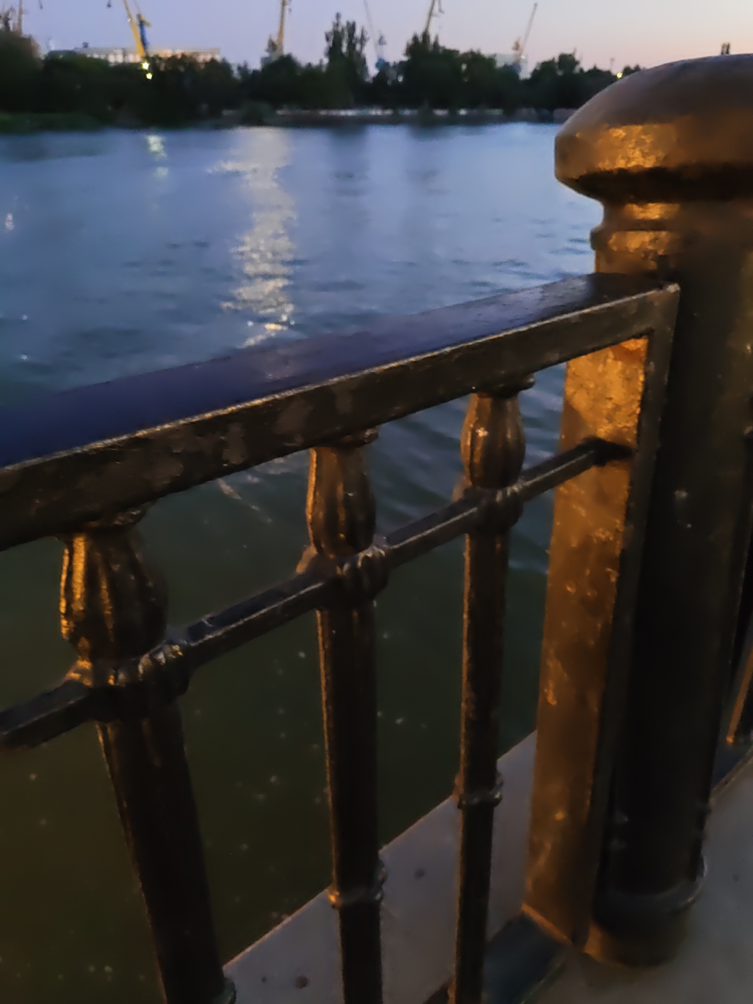 The image depicts a metal railing overlooking a body of water in Rostov-on-Don, Russia. The railing is made of black metal with decorative elements and is attached to a larger, ornate pillar which is illuminated by a warm light, casting a golden hue. The water is dark blue and reflects the dim twilight sky and some lights, suggesting it is either dawn or dusk. In the background, trees and industrial cranes are visible against the dusky sky, hinting at a port or industrial area. The overall atmosphere is calm and serene, characteristic of a waterfront promenade.