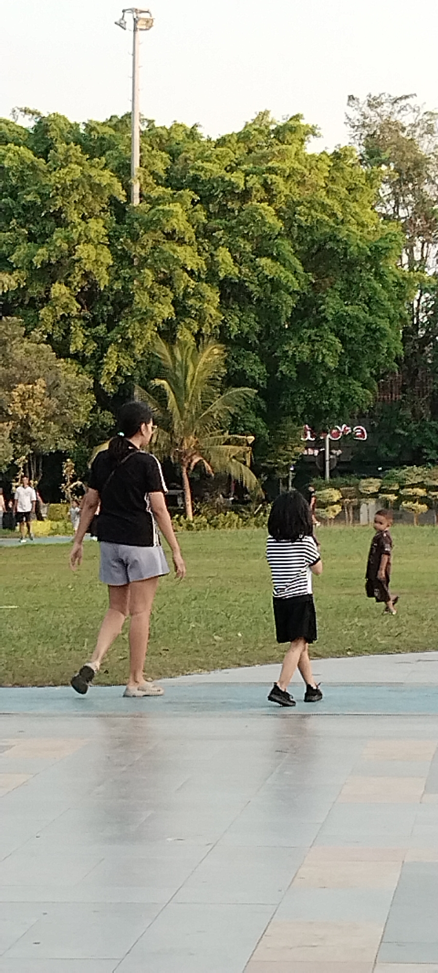 This image captures a scene in a park in Kecamatan Pati, Indonesia, likely during the late afternoon or early evening as indicated by the soft, warm lighting and the long shadows. The setting is a grassy area with lush, green trees, including a prominent palm tree, and a body of water in the background. A tall lamppost stands against a bright, overcast sky.
The primary subjects are four people. In the foreground and to the left, an adult, likely a woman, is walking away from the camera. She is wearing a black t-shirt with white stripes on the sleeves, grey shorts, and a dark backpack slung over her shoulder. Her hair is tied back in a ponytail, and she is wearing sandals. She is walking on a light blue paved path.
To her right, and slightly behind her, a young girl is also walking away from the camera. She is wearing a black and white striped t-shirt and a black skirt, along with dark sneakers. Her hair is dark and appears to be long.
Further to the right and slightly behind the girl, a young boy is walking in the same general direction. He is wearing a dark-colored patterned t-shirt and shorts.
In the background, on the far left, a few other people are visible in the distance, seemingly walking or standing in the park. There is some text visible in the background, appearing to be a red neon sign that reads "i.ova" or something similar, possibly an advertisement or part of a building's signage. The overall mood is relaxed and casual, suggesting a leisurely outing in a public park.