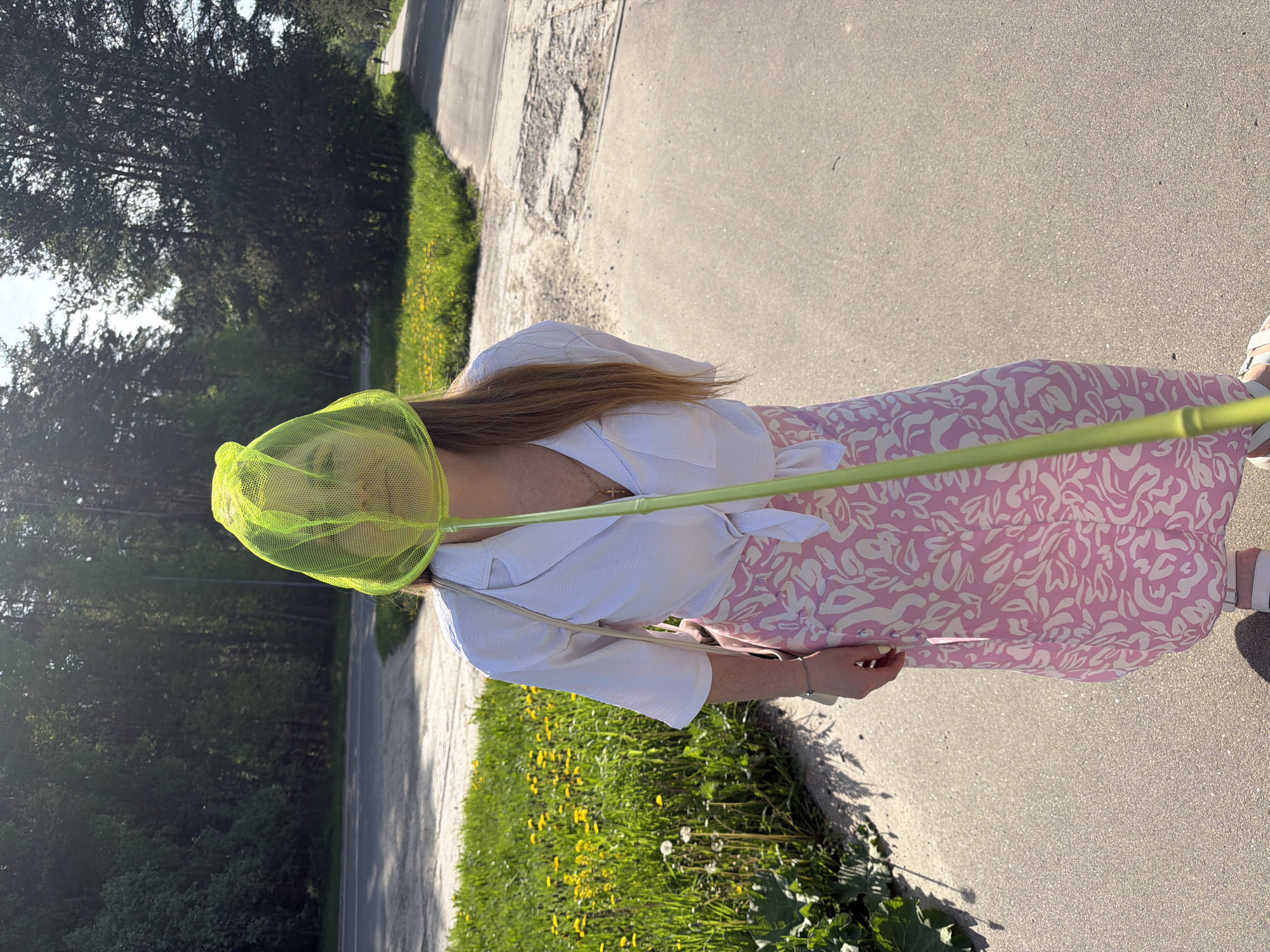 A female is on a road in Unknown, Unknown. The road runs parallel to a grass area. She is wearing a white top and a pink skirt. The female has a green net over her head.