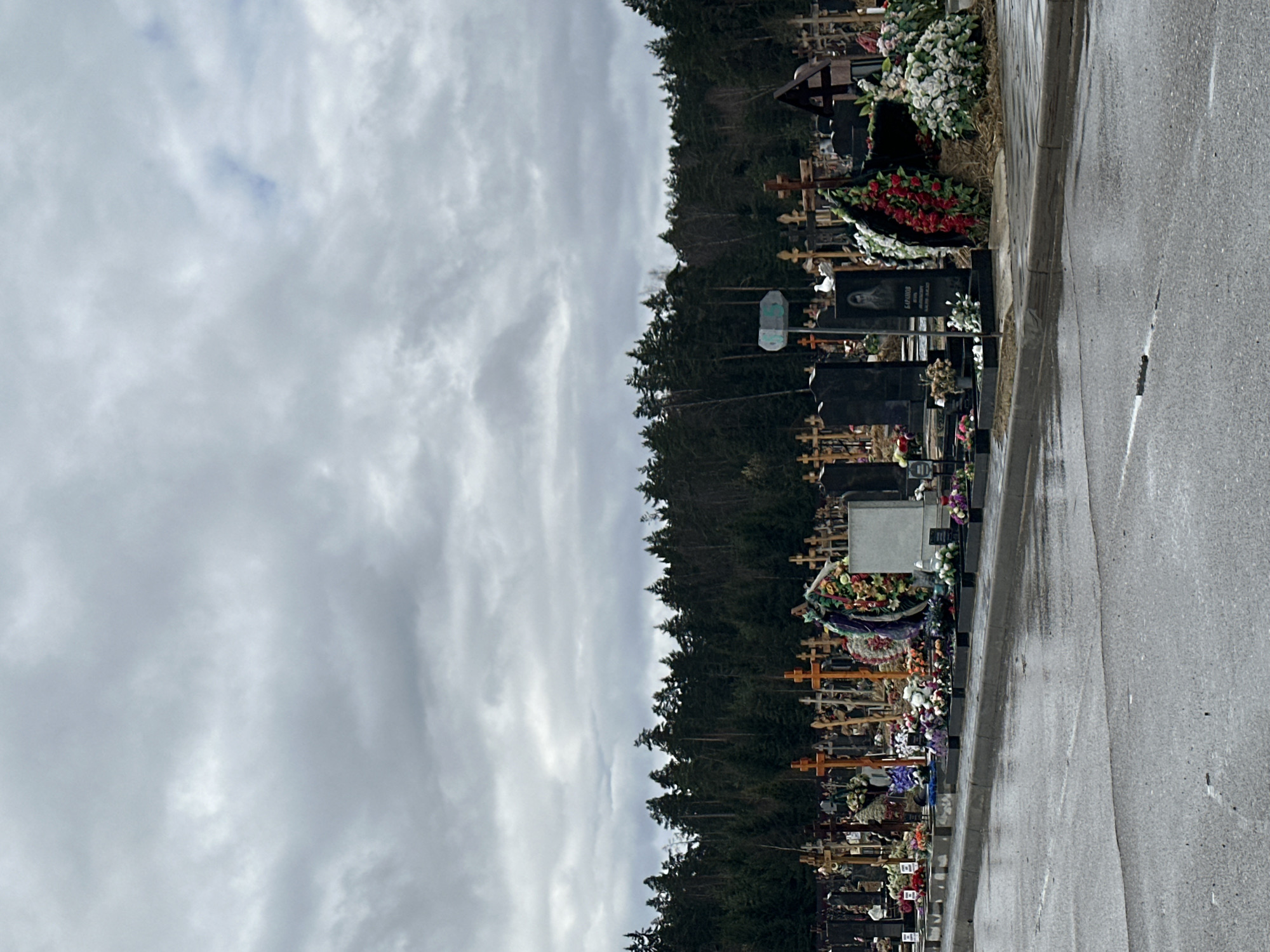 The image shows a cemetery in Шарапово, Russia. Rows of graves marked with crosses and headstones are visible, densely packed along the edge of a paved road. Flowers and wreaths adorn many of the graves. A line of trees forms a backdrop behind the cemetery. The sky is overcast with heavy clouds. The pavement appears wet.