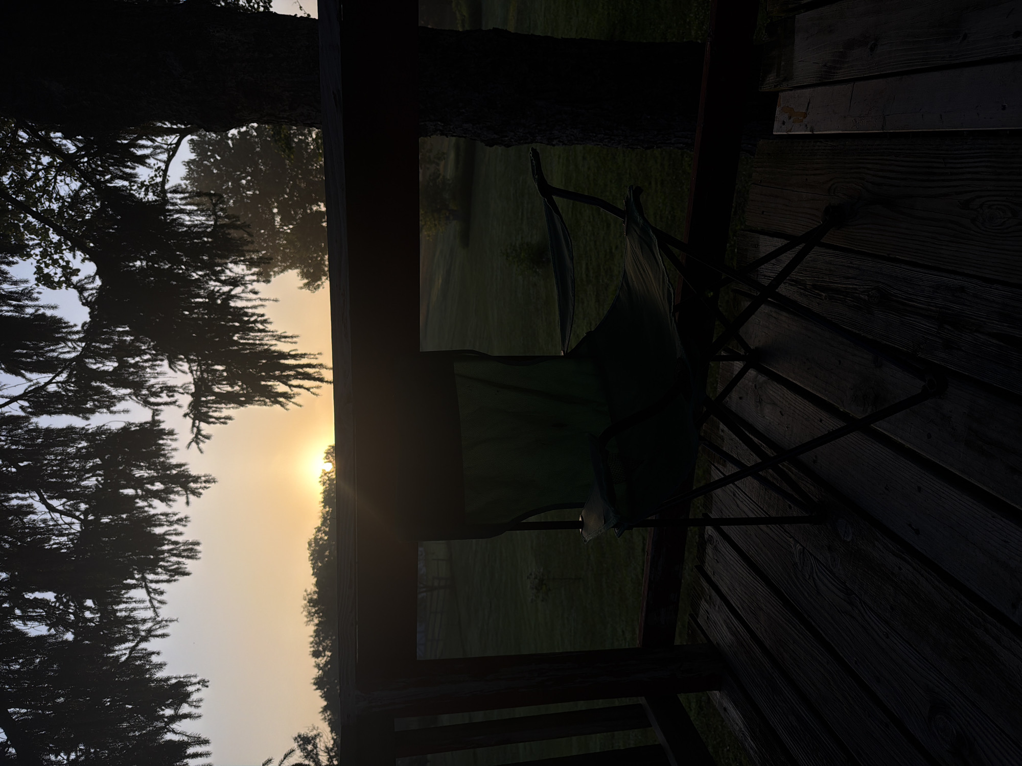 A folding chair is positioned on a wooden deck facing a sunrise over a grassy field. The scene is silhouetted against the bright sky, with tree branches hanging overhead. The deck appears to be part of a residential property in Holt, Michigan, United States. The chair is green and made of fabric and metal. The deck is made of weathered wooden planks. The grassy field has some scattered trees and a fence in the distance. The time of day is early morning, indicated by the low angle of the sun.