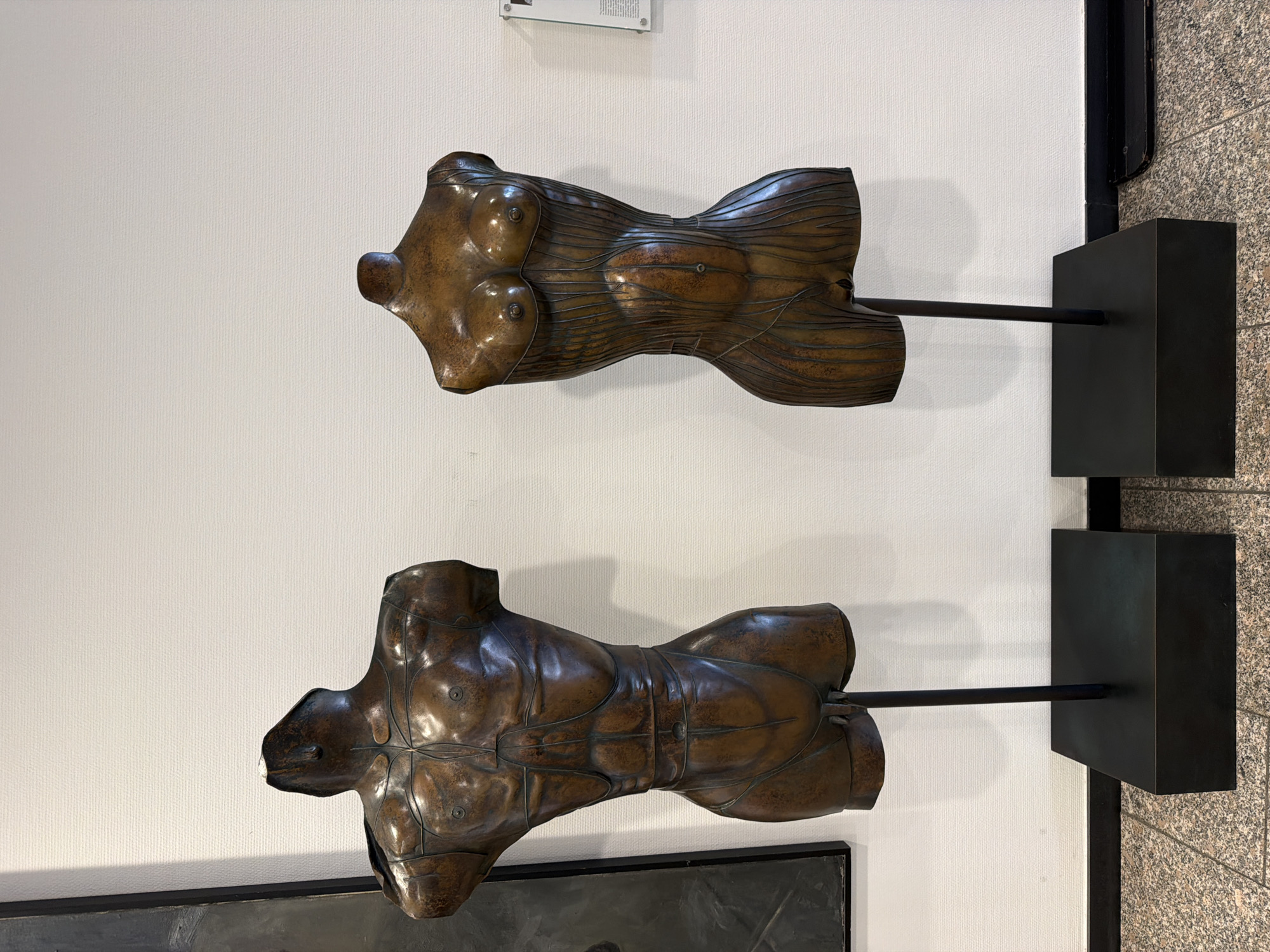 This image depicts two bronze torso sculptures displayed on black rectangular bases in a gallery setting. The sculpture on the left is a headless male torso, detailed with prominent musculature and a segmented design. The sculpture on the right is a headless female torso, also segmented, with visible ribs and a cinched waist. Both sculptures are mounted on slender black poles. The background consists of a textured white wall. To the left of the sculptures, a portion of a dark, framed artwork is visible. The floor is a speckled granite tile. A small informational plaque is attached to the wall to the right of the female torso sculpture. This scene is located at the German Mining Museum in Bochum, Germany.