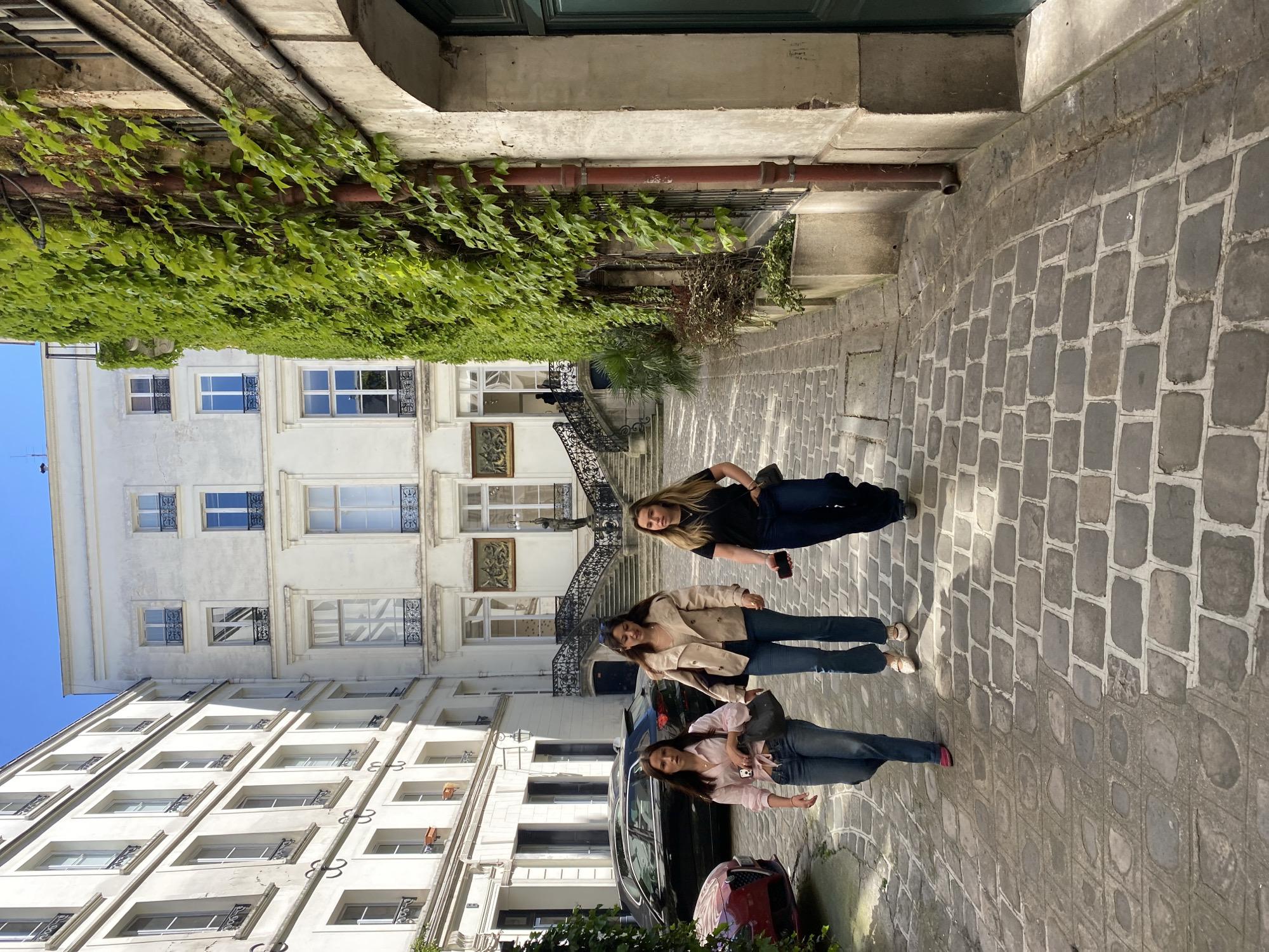 This image depicts a sunlit street scene in Paris, France, featuring three young women standing on a cobblestone street. The women are the central subjects, casually posed and looking towards the viewer. They are dressed in casual attire, including jeans, t-shirts, and light jackets, with one woman holding a phone.
The setting is characterized by classic Parisian architecture. To the left, a building facade is heavily draped with lush green ivy, contrasting with the stone structure. Behind the women, elegant, light-colored buildings with numerous windows and decorative wrought-iron railings line the street. A notable feature is a grand exterior staircase with ornate balustrades on one of the buildings. The ground is paved with traditional grey cobblestones. Several cars are parked along the street.
The time of day appears to be bright and clear, possibly morning or late afternoon, indicated by the visible blue sky and the soft shadows cast. The overall atmosphere is relaxed and pleasant, capturing a typical moment on a charming European street. No discernible text is visible on any of the buildings or objects.