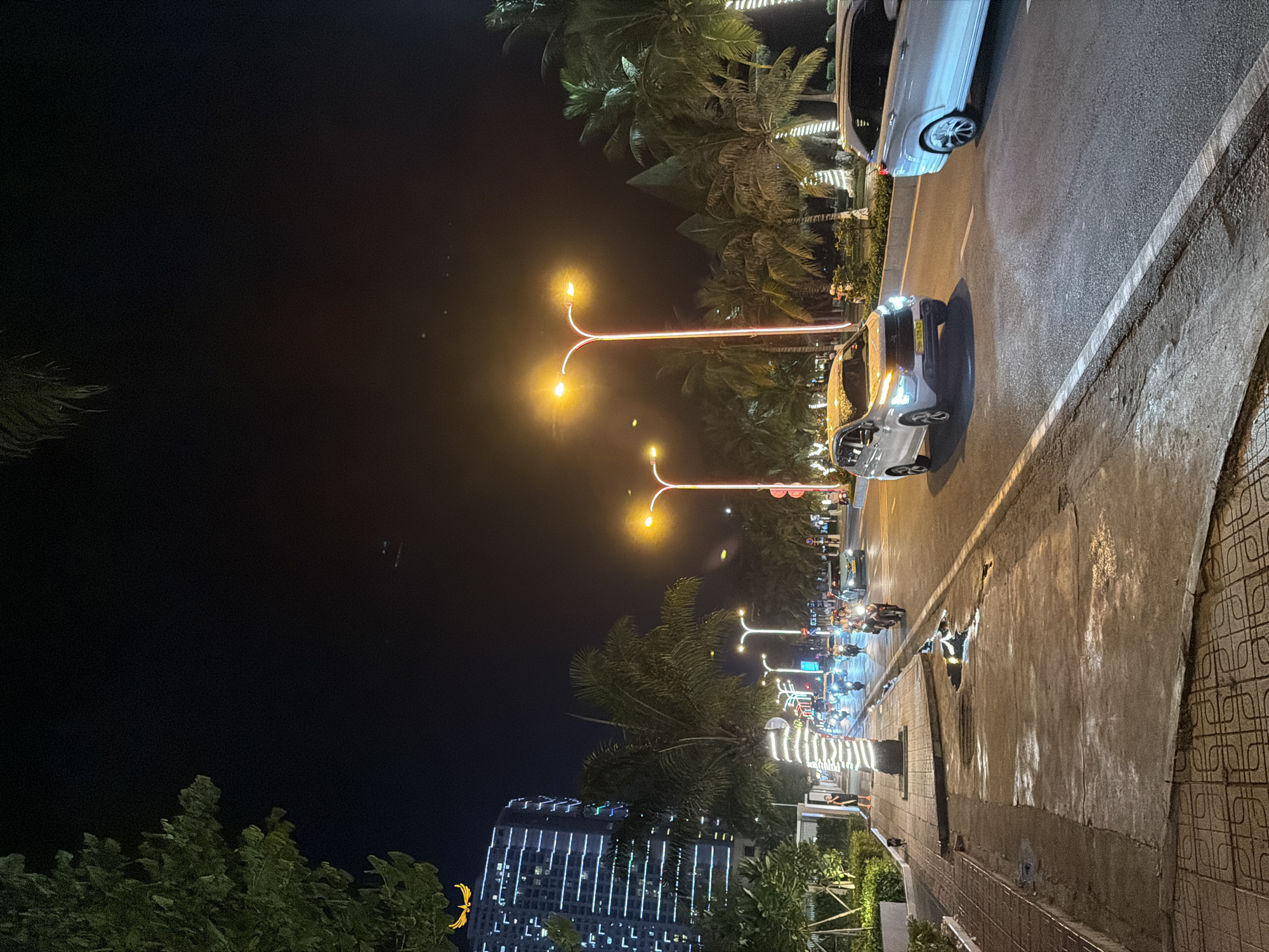 This media file depicts a nighttime scene on a city street, likely in Nha Trang, Vietnam, characterized by warm street lighting and illuminated buildings. The primary subjects include several cars and many motorcycles on the road, with a few pedestrians visible on the sidewalk. The scene is set along a street lined with palm trees, some of which are decorated with string lights. A modern building with vertical white lights dominates the background on the left.
The activity appears to be typical evening street life, with vehicles moving and people walking. The time of day is clearly night due to the dark sky and artificial lighting. The weather seems to be clear, as there are no indications of rain or fog. The presence of palm trees and the architectural style of the building suggest a tropical or subtropical coastal city.
Notable details include the distinctive orange glow of the streetlights, the reflections on the wet pavement, and the decorative lights adorning the palm trees and the building. The overall mood is lively yet relaxed, typical of a city street at night. No visible text is discernible in the image.