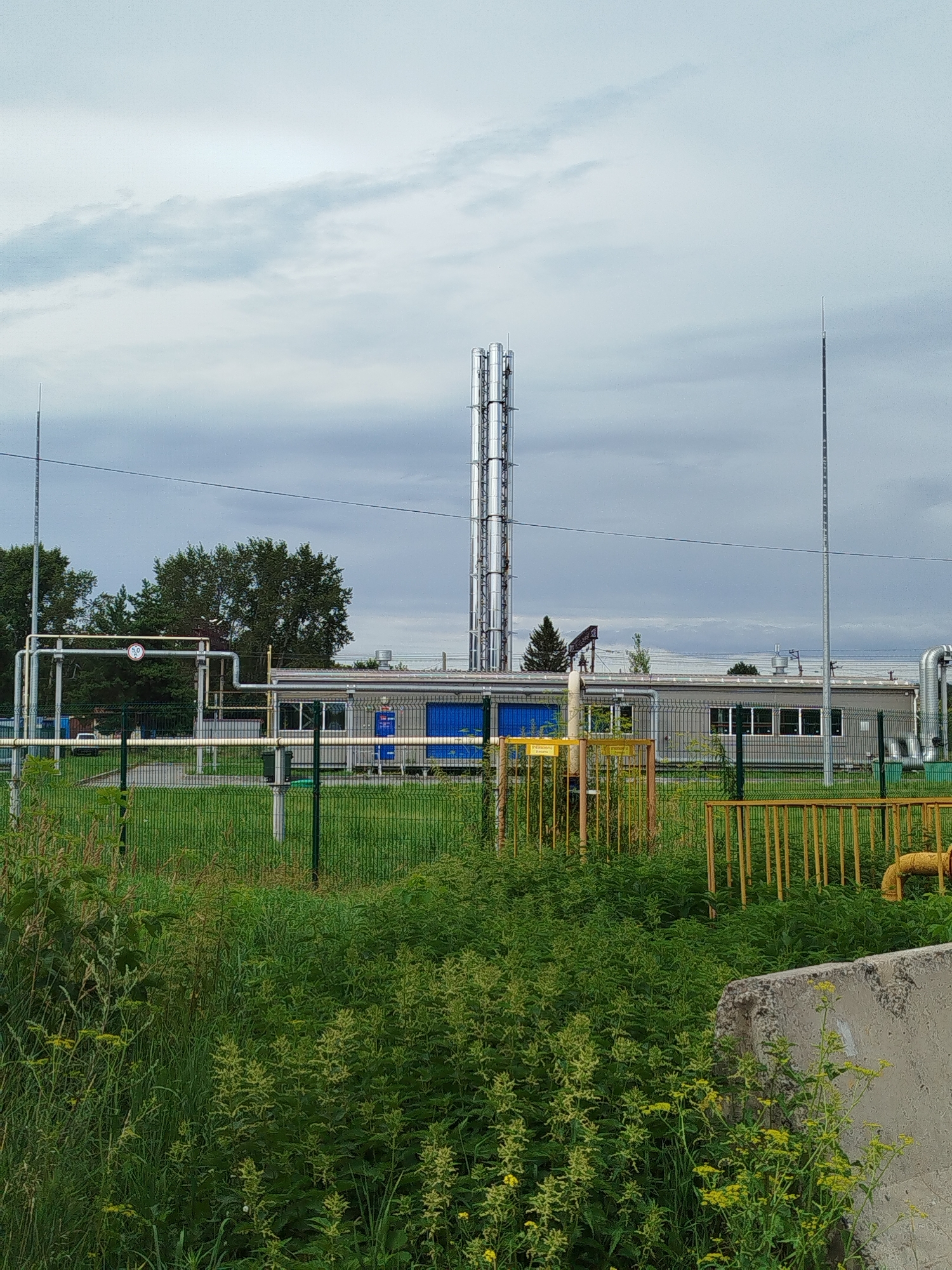 This image captures an industrial facility in Zavodoukovsk, Russia, under a cloudy sky. The central focus is a modern, grey, single-story building with multiple windows and blue doors. Adjacent to the building, a tall, metallic structure with multiple vertical pipes rises into the sky, appearing to be a chimney or ventilation system. To the right of this structure, a thin, tall pole with a pointed top stands, possibly an antenna or lightning rod. A network of pipes, supported by metal frames, runs across the foreground and connects to the building, indicating an active industrial process. The area is enclosed by a green metal fence, and beyond the fence, lush green grass and various plants, some with yellow flowers, grow abundantly. In the distance, trees form a natural backdrop. The overall scene suggests a functional industrial site with a focus on operational infrastructure.