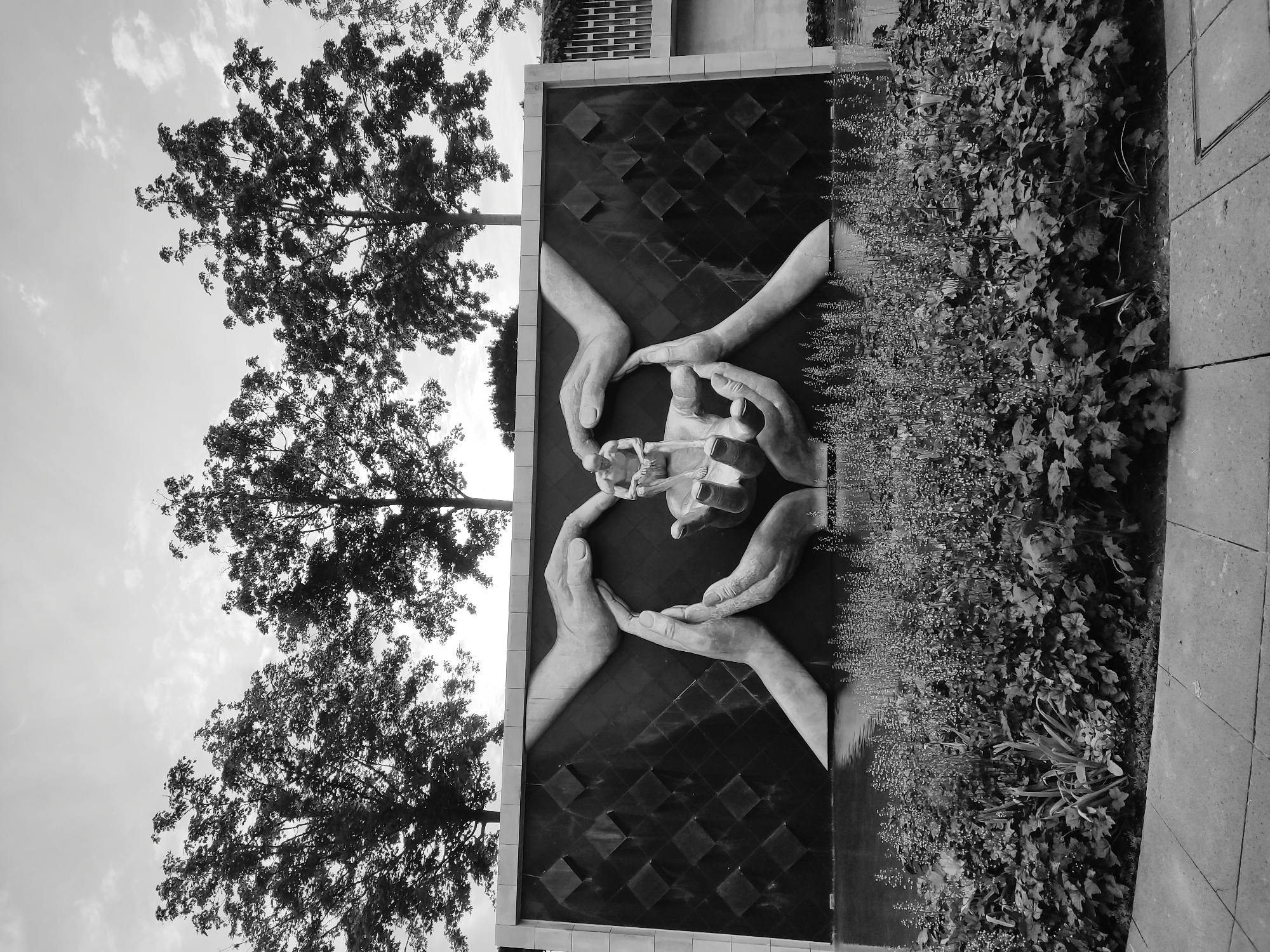 This black and white, vertically oriented photograph captures an outdoor scene in Krasnodar, Russia, featuring a prominent wall mural alongside natural elements.
The central subject is a large mural or bas-relief sculpture installed on a building wall. The artwork depicts multiple hands of varying sizes, seemingly intertwined to form a protective circle, cradling a smaller, human-like figure in the center. The figure appears to be in a seated or reclining position, possibly representing vulnerability or new life. The background of the mural is dark with a distinct geometric pattern, appearing as raised squares or diamonds.
To the left of the mural, the extensive canopies of several large trees are silhouetted against a bright, cloudy sky. To the right of the mural, a dense bed of vegetation lines the ground, featuring a mix of broad-leafed plants and smaller, lighter-toned flowering plants or buds. A paved ground area, possibly concrete tiles or flagstones, is visible to the far right, bordering the plant bed. A part of a building structure is faintly visible in the upper background, behind the trees and above the mural.
The photograph was taken during the daytime, under a partially cloudy sky. The monochrome palette emphasizes the textures of the trees, the detailed hands in the artwork, and the varied foliage. The artwork symbolically conveys themes of care, protection, and human connection. There is no visible text in the image.