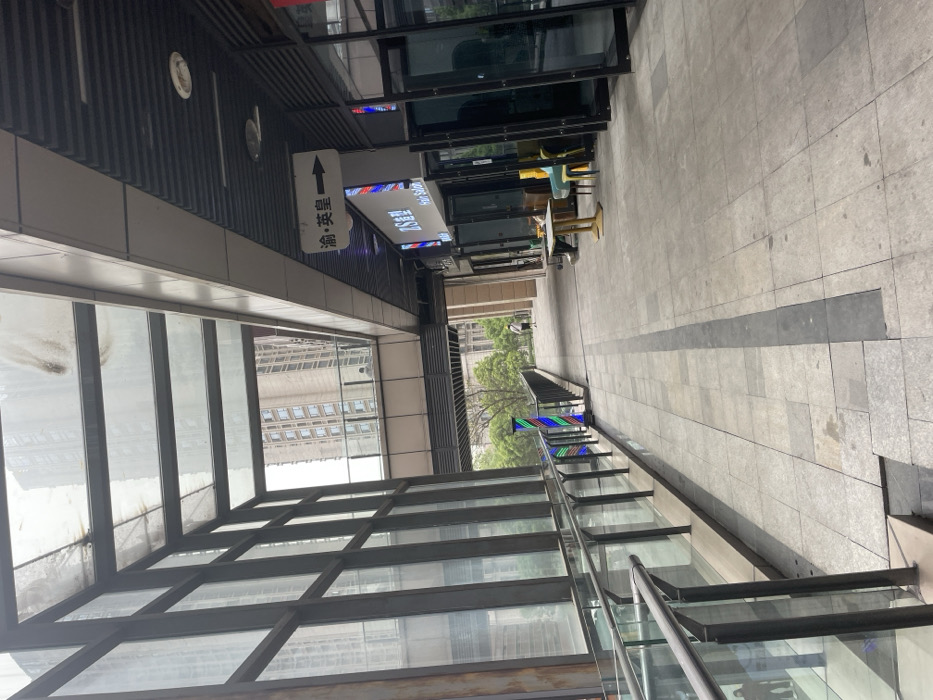 The image shows a view of a covered walkway in Chongqing, China, at the coordinates 29.646 latitude, 106.541 longitude. The walkway is paved with gray tiles and has a black line down the center. There is a black railing on the left side, and a glass wall on the right side. A single person is visible in the distance, walking away from the camera. The walkway is lined with storefronts, including one that appears to be a hair salon. There is a table and chairs in front of the hair salon. A sign above the hair salon reads "Hair Salon" in English. A sign on the wall above the hair salon reads " 渝·英超 " in Chinese. A sign on the wall above the hair salon reads "渝·英超" in Chinese. The sign appears to be a directional sign, and the arrow points to the right.