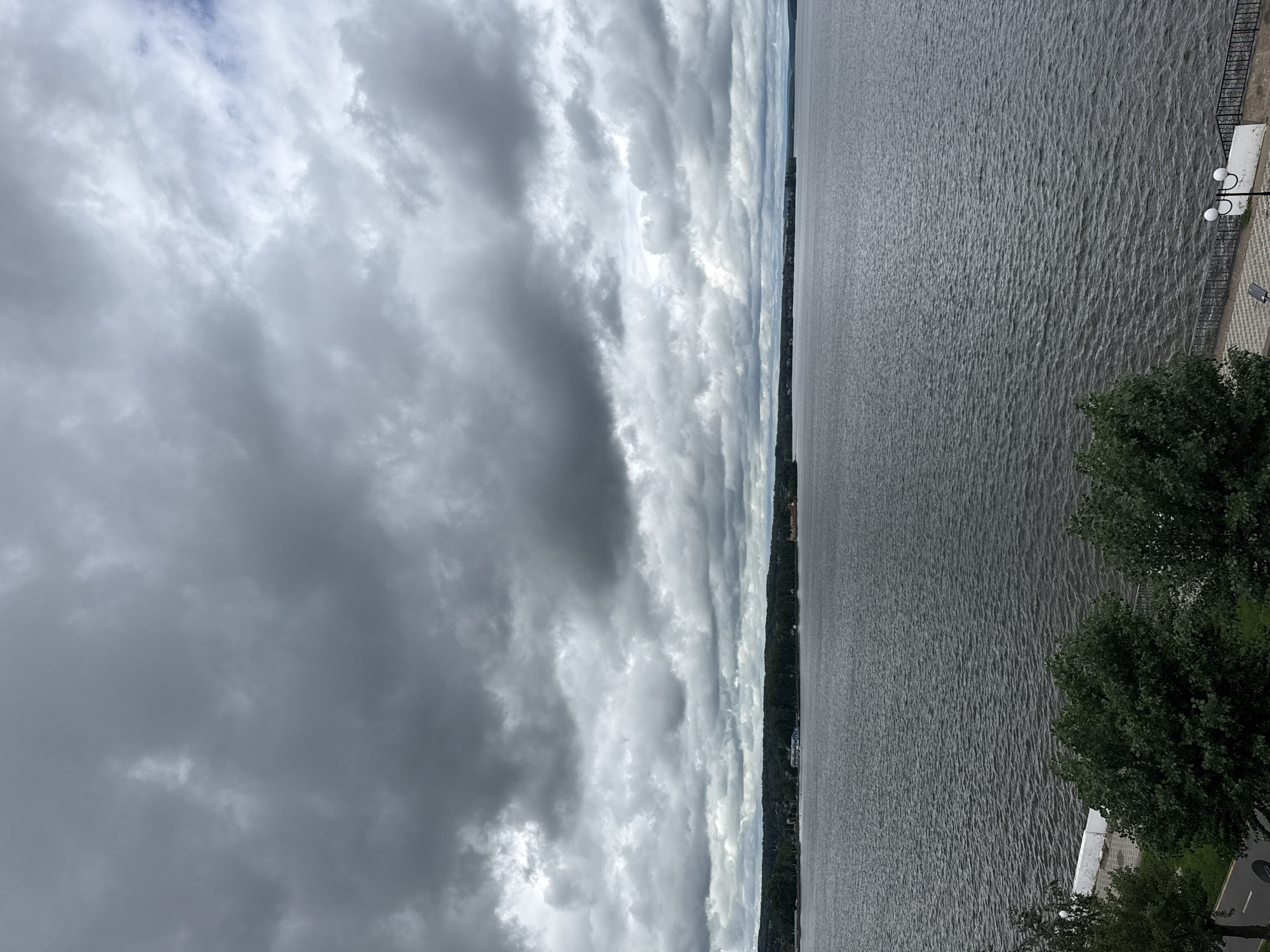 This is a landscape photograph taken from a high vantage point, overlooking a wide body of water that stretches into the distance. The sky is heavily overcast with dramatic, layered clouds in shades of gray and white, suggesting a stormy or cloudy day. The water surface is rippled, indicating a slight breeze.
Along the far bank, a thin strip of land is visible, densely covered with trees, suggesting a natural, perhaps forested, coastline. Dotted along this distant shoreline are hints of buildings, including what appear to be some taller structures that could be church spires or other urban features. Closer to the foreground, on the right side of the image, is a paved walkway and a white railing. Two lamp posts with globe lights are present on the walkway, along with a white concrete structure. A dark green tree with lush foliage is prominent in the lower right corner, partially obscuring the view of the walkway and extending towards the water.
The scene appears tranquil despite the dramatic sky, evoking a sense of quiet observation. The time of day is indeterminate due to the overcast conditions, but the light suggests daytime. There is no visible text in the image. The overall impression is one of a wide, natural expanse of water meeting a tree-lined shore under a moody sky, with a small, man-made element of a waterfront promenade in the foreground.