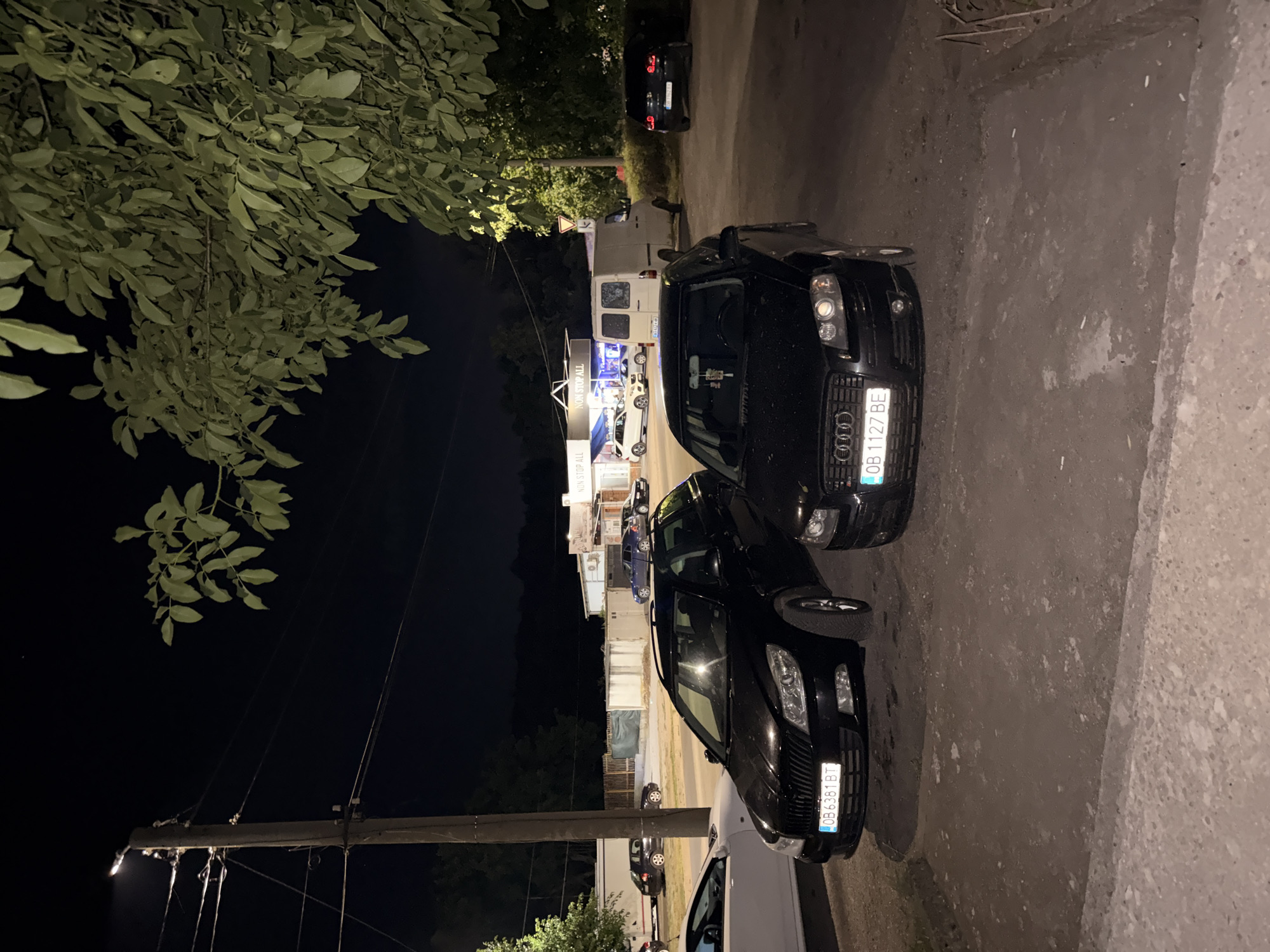 The image depicts an outdoor scene at night, likely in a parking area adjacent to commercial establishments. In the foreground, two black cars are parked: a station wagon on the left with license plate OB 6381 BT, and a sedan on the right with license plate OB 1127 BE. The station wagon appears to be a Skoda Octavia, and the sedan is an Audi A3. A white car is partially visible on the far left.
In the background, several buildings with illuminated signs are present, one of which reads "NON STOP ALL". A white van is parked near these buildings. Other vehicles are visible in the distance, including a blue car and another dark-colored car. A utility pole with wires stands prominently on the left side of the image. Trees with green leaves are overhead, casting shadows and partially obscuring the sky, which is dark, indicating nighttime. The ground is a mixture of asphalt and dirt.
While the image does not explicitly show the city of Lovech, Bulgaria, the license plates visible on the cars (OB prefix) are characteristic of Bulgarian license plates. Therefore, it is plausible that the location is in Bulgaria, and potentially Lovech, given the prompt. However, there are no specific landmarks or visual cues that definitively confirm this location. The scene appears to be a casual parking area in a commercial or mixed-use zone at night. No people are visible in the frame.