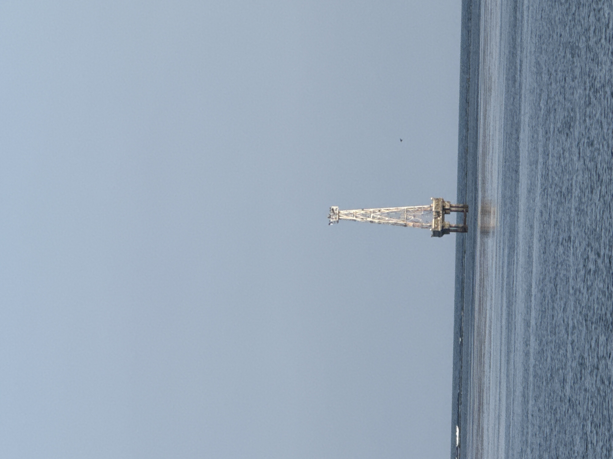 A tall, white, open-lattice tower structure stands in the middle of a calm, blue body of water, against a pale blue sky. The tower is square-based, with a wider platform at the bottom supported by pilings. Above the platform, the tower narrows as it rises, forming a triangular shape at the top. A single, small black bird is visible in flight to the right of the tower. The water is still and reflects the sky, with a thin line of waves visible in the far distance. The location is the waters off the coast of Denpasar, Indonesia.