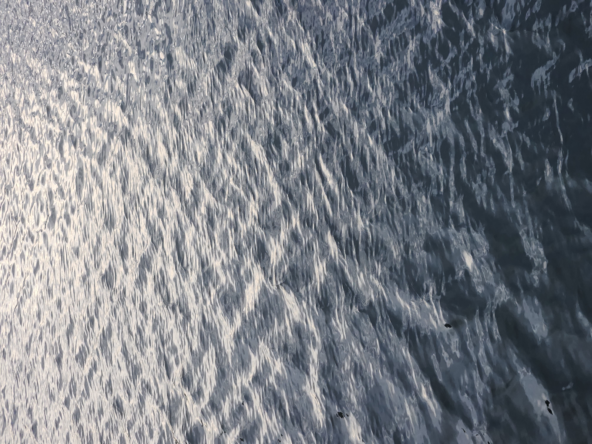 This is a close-up, overhead shot of a body of water, likely a lake or pond in Altamonte Springs, Florida. The water is rippled, creating a pattern of light and shadow across the surface. The overall color palette is dominated by cool blues and grays, with hints of white where the light reflects off the water. There are a few dark, indistinct shapes on the surface of the water, possibly leaves or debris. The scene is static and shows no signs of human activity or the immediate surrounding environment.