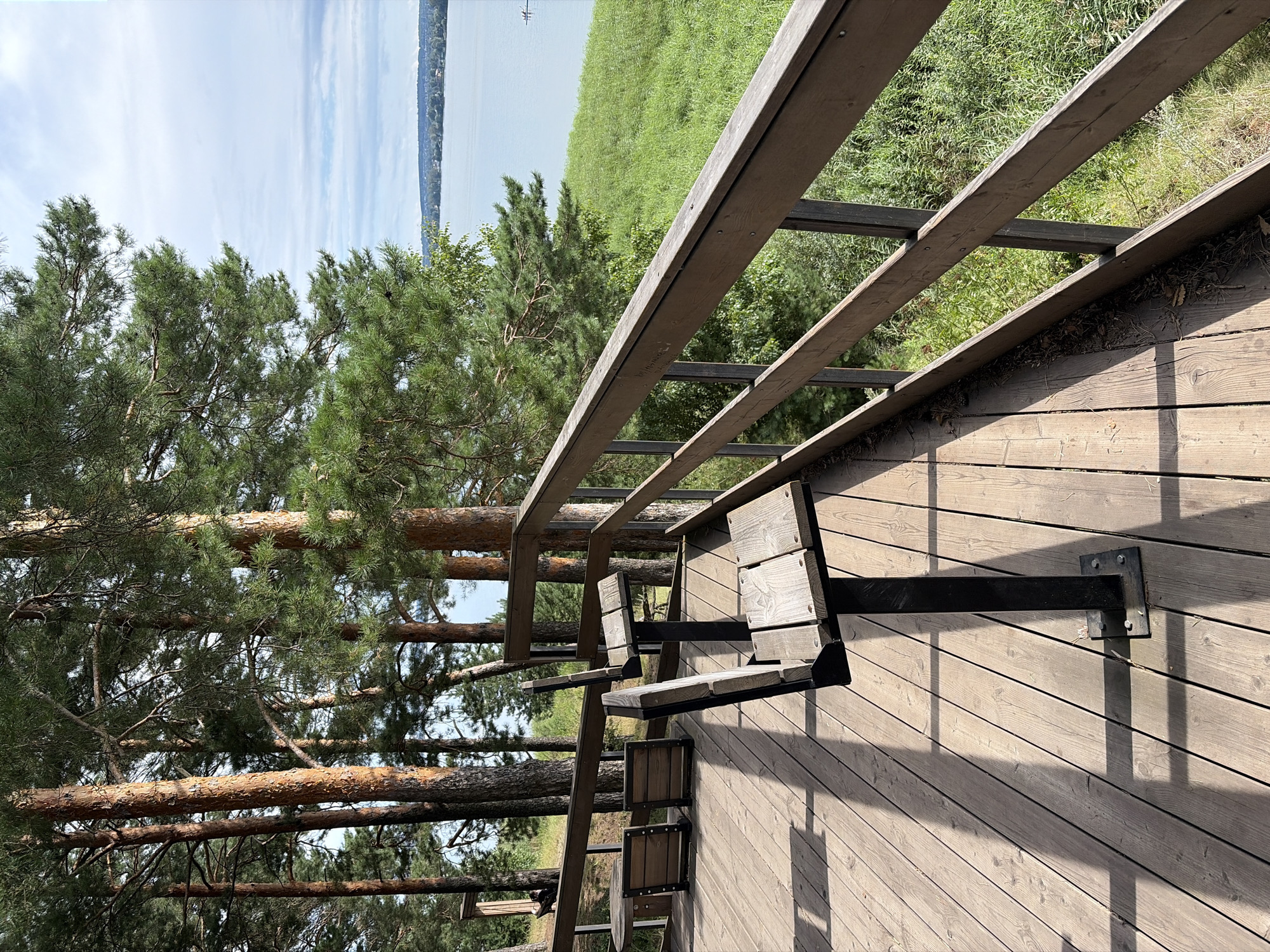 The image depicts an outdoor wooden deck with benches and railings, overlooking a body of water and a vegetated shoreline. Pine trees are prominent in the background. The location is identified as Votkinsk, Russia. The deck is constructed of weathered wooden planks. Two empty benches with wooden slats and black metal supports are visible on the deck. A wooden railing, also appearing weathered, runs along the edge of the deck, separating it from the natural environment. Beyond the railing, a wide expanse of calm water stretches towards a distant, hazy shoreline dotted with buildings. Tall, green reeds or grasses grow along the edge of the water. The sky is partly cloudy. The scene is serene and suggests a public recreational area or viewpoint.