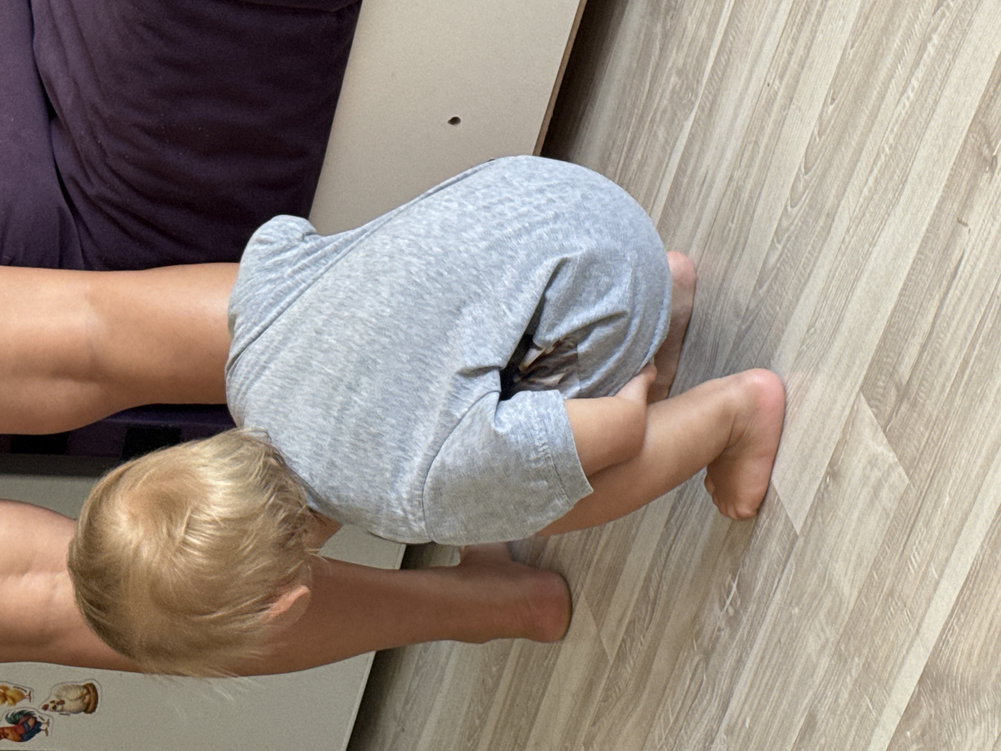 A blonde-haired toddler, facing away from the camera and towards a person's legs, is squatting on a light-colored laminate floor. The toddler is wearing a gray t-shirt. The legs in front of the toddler are bare and appear to be from an adult. In the background, a dark purple upholstered surface is visible, possibly a couch or bed, and a white cabinet with decorative chicken magnets. The scene is indoors, with the lighting suggesting daylight. The location is not identifiable as Sochi, Russia, or any specific city.