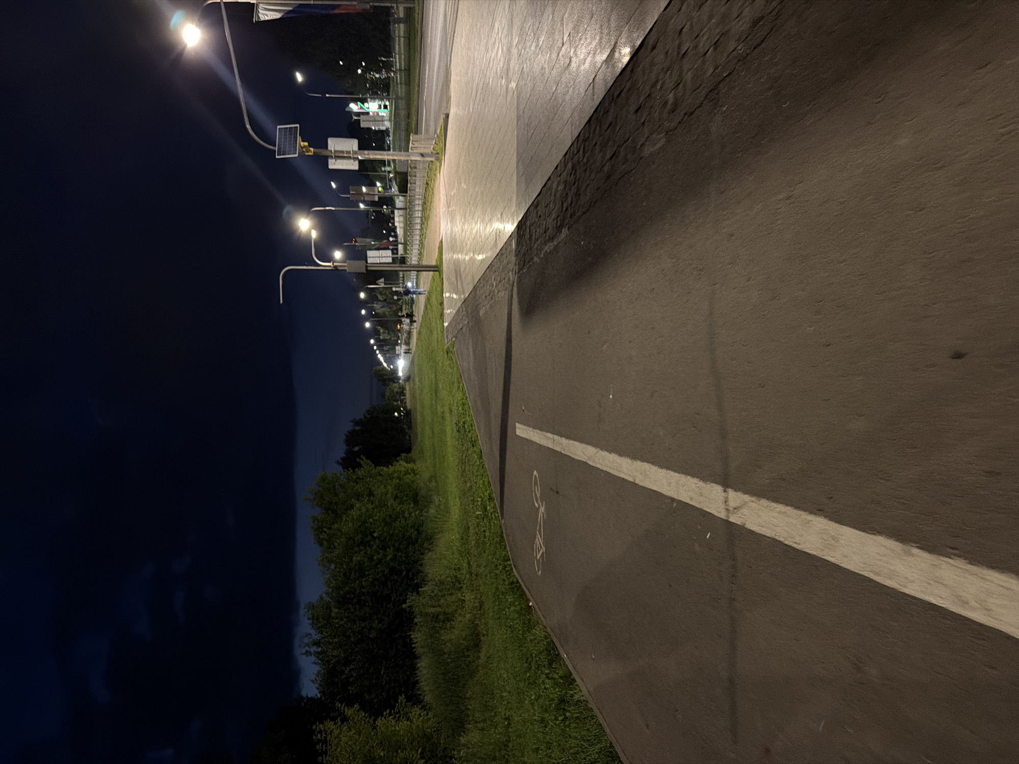 The image captures a nighttime scene on a paved path alongside a street in Naberezhnye Chelny, Russia. The path, marked with a white line and a bicycle symbol, is a dark asphalt surface. Adjacent to the path is a green grassy area with trees. The street to the right is illuminated by streetlights, reflecting on its wet surface. Several streetlights with solar panels are visible along the street. In the distance, there are a few pedestrians and vehicles, indicating activity on the road. The sky above is dark with some clouds, suggesting a night setting. The overall impression is that of a well-lit urban pathway at night, possibly after rain, with a backdrop of natural greenery and urban infrastructure.
