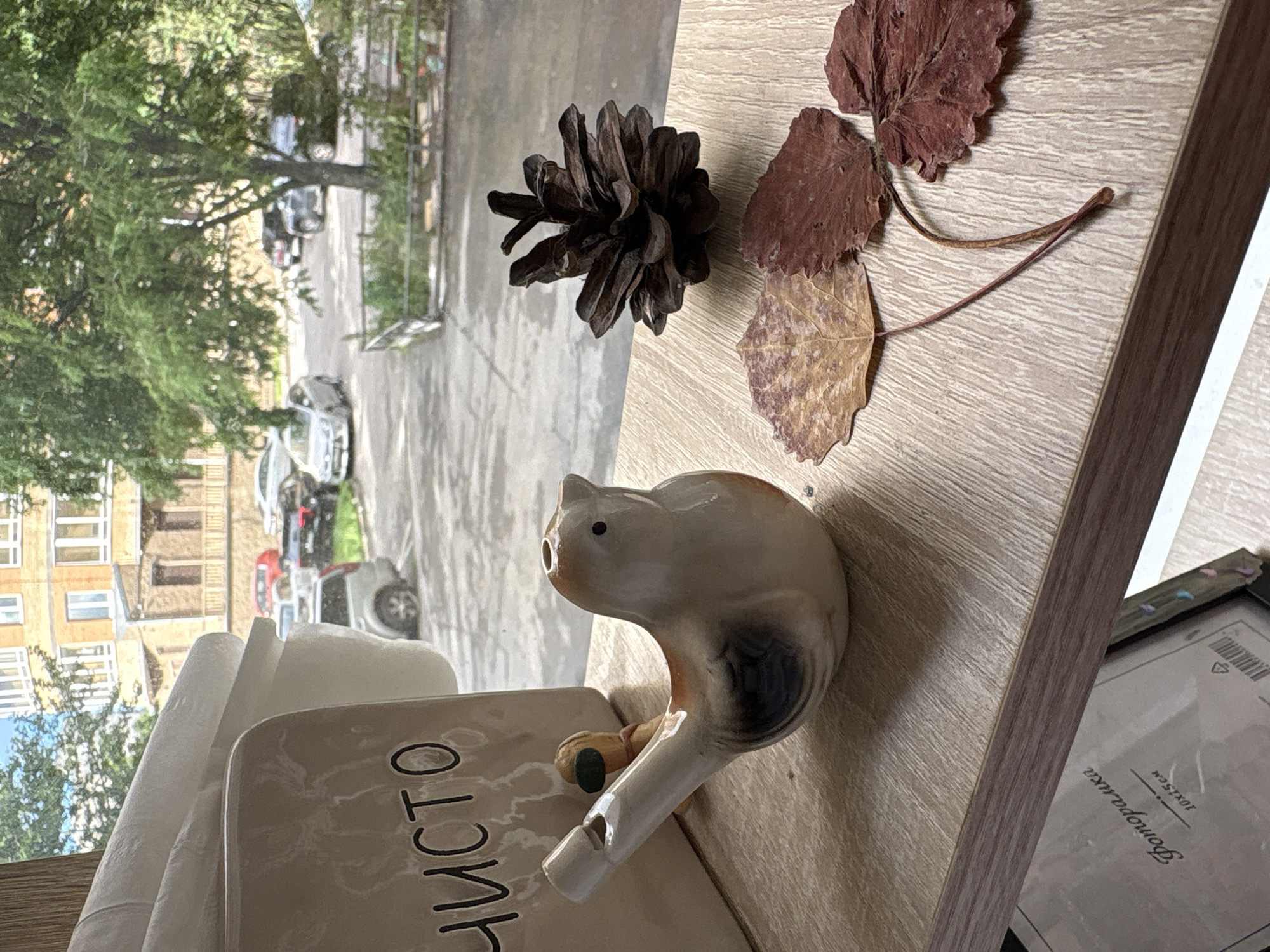The image shows a still life arrangement on a wooden surface, with a window view of a street scene in Saint Petersburg, Russia. The foreground features a ceramic figurine of a cat with a pipe-like tail, possibly a whistle. Beside it, a rectangular ceramic object has the word "ЧИСТО" (CHISTO, meaning "clean" in Russian) written on it in black lettering. Scattered on the wooden surface are dried autumn leaves and a pine cone.
The window view reveals a street with parked cars and residential buildings. The presence of parked cars and the general streetscape suggest an urban setting. The dried leaves and pine cone indicate an autumn season. Sunlight is visible, casting shadows, which implies it is daytime. The overall mood is quiet and contemplative, with a focus on everyday objects and a glimpse of the outside world. The image is taken in portrait orientation.