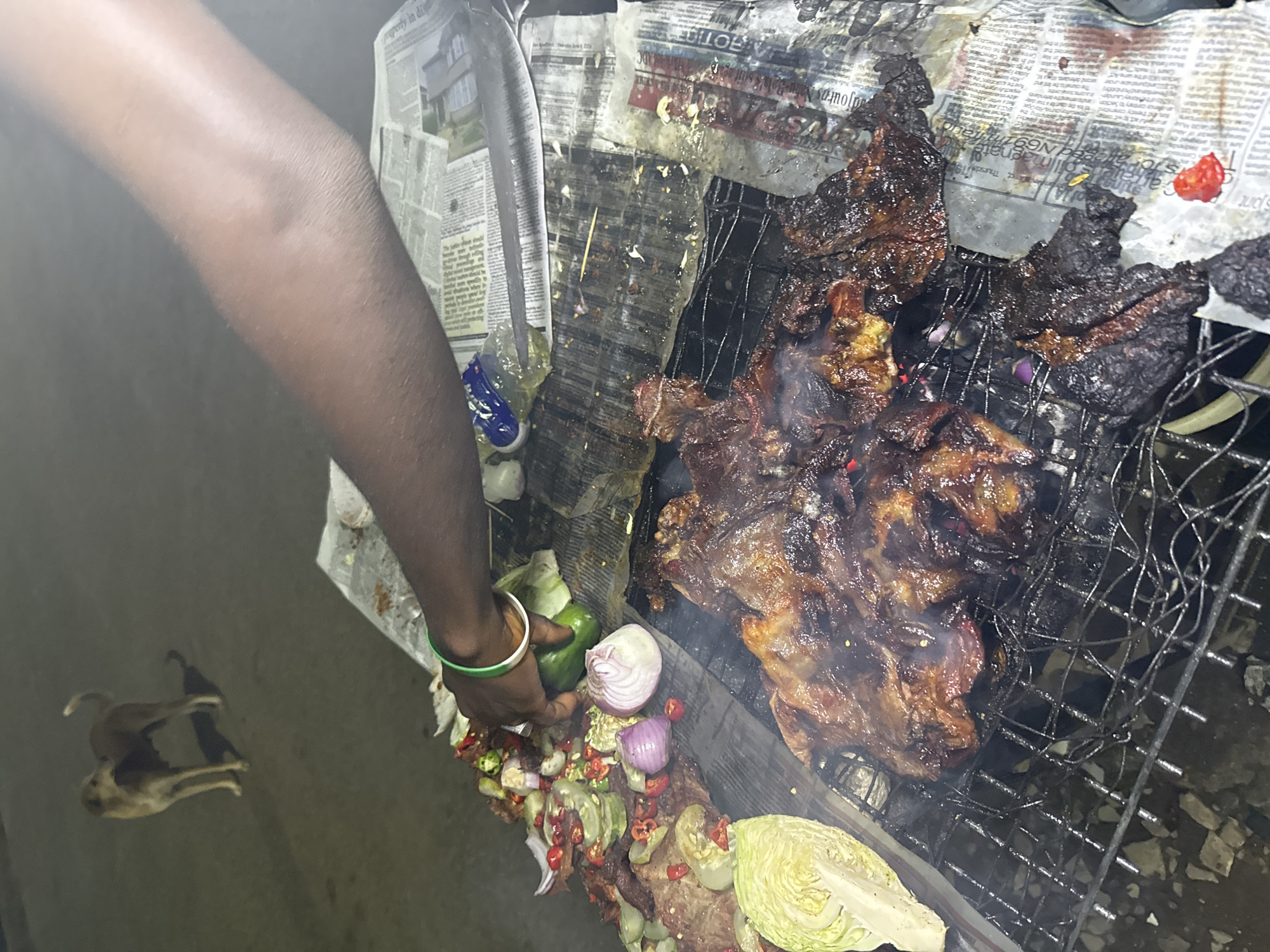A dog stands in the background on a paved surface at night. In the foreground, a person's arm and hand are visible, wearing a green bracelet. The hand is reaching towards a pile of chopped vegetables, including onions, peppers, and cucumber, mixed with what appears to be meat. Directly in front of the hand is a grill with a portion of meat cooking over hot coals. The grill is placed on top of newspapers. The environment appears to be outdoors in what could be a street food setting in Abuja, Nigeria.