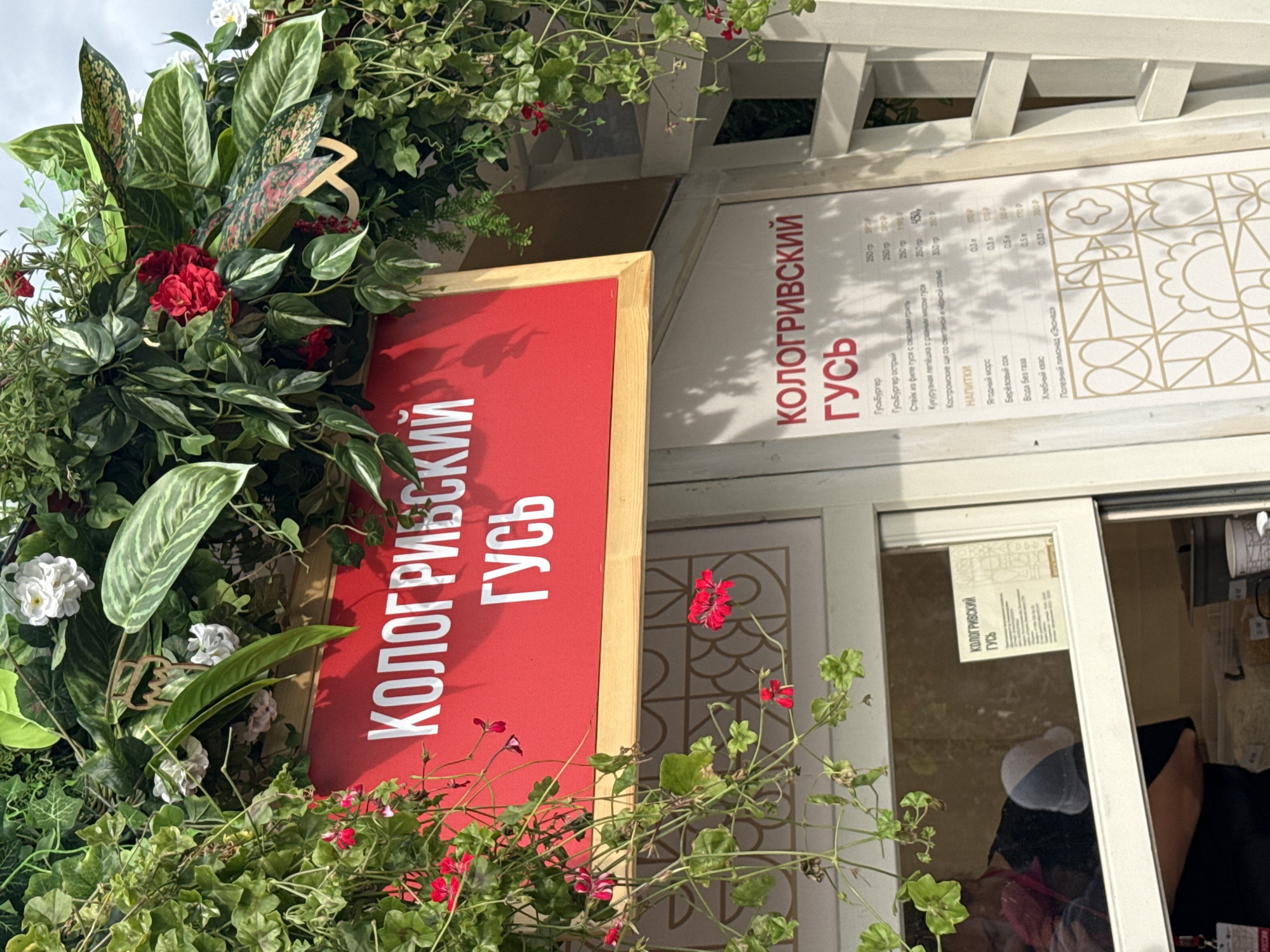 An outdoor food stall is adorned with hanging greenery and red flowers. A prominent red sign with white lettering reads "КОЛОГРИВСКИЙ ГУСЬ" (Kologrivsky Goose). Below this sign, a menu is displayed on a white surface. The menu lists various goose dishes and drinks, with prices indicated. A person is partially visible through a window of the stall, wearing a dark shirt and a grey cap. The stall appears to be part of a larger structure with white wooden latticework. The overall impression is of a charming, rustic food vendor, likely in a park or outdoor market setting.