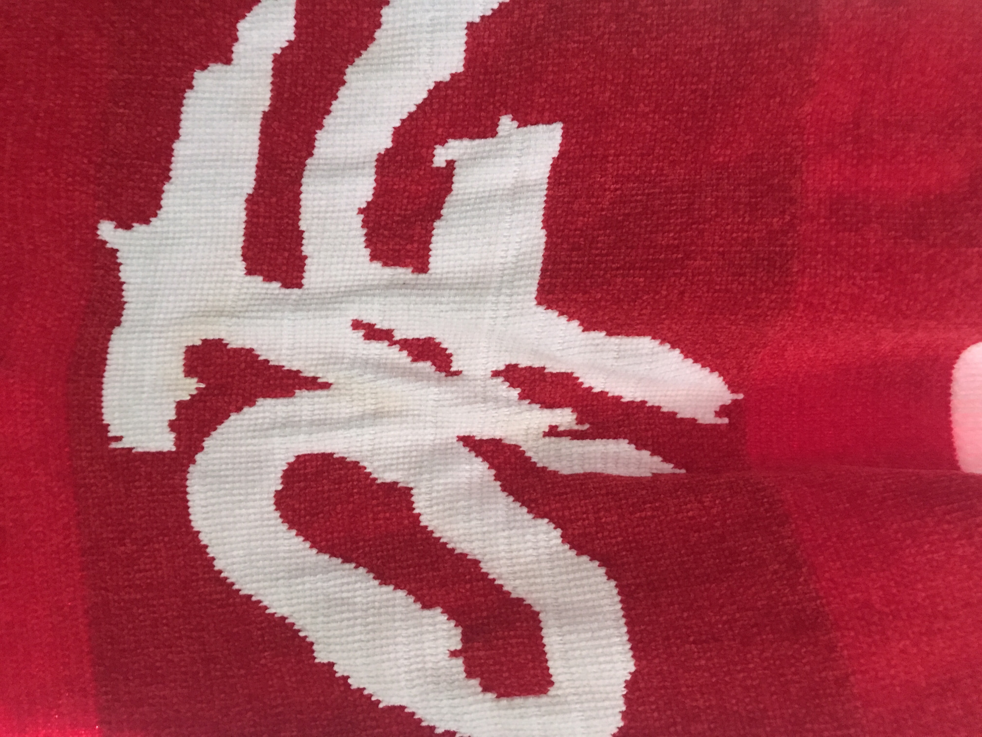 The media file displays a close-up image of a red textile, likely a towel or blanket, featuring a large, stylized white design. The fabric has a textured, looped or pile surface, characteristic of terrycloth.
**Subjects:** The primary subject is a textile item. No people or animals are visible.
**Objects:** The main object is a red and white woven fabric, which appears to be a blanket or towel.
**Scene/Setting:** The scene is a tight shot of the fabric, offering no discernible background or environmental setting beyond the textile itself.
**Activity or Event:** No activity or event is depicted; the image is a still shot of an object.
**Notable Details:**
* **Colors:** The dominant colors are vibrant red and bright white.
* **Texture:** The fabric exhibits a clear, soft, and plush texture, typical of woven materials like towels, with distinct loops. The edges of the white design are slightly jagged, reflecting the weaving process.
* **Design:** A prominent, large, white stylized script or logo is woven into the red background. This design strongly resembles the classic "Coca-Cola" script, appearing to show parts of the letters "C", "o", "c", "a", and "Cola" with its distinctive cursive flow and connected letters. The design is central and occupies a significant portion of the frame.
* **Condition:** Faint, brownish-yellow stains are visible on the white portion of the design, particularly in the central-left area. The fabric itself shows slight folds and creases.
* **Lighting:** The lighting appears even, illuminating the texture and colors clearly.
* **Location Cues:** No explicit location cues are present within the image to suggest Onitsha, Nigeria, beyond the provided context.
**Visible Text:** The white design is a highly stylized script, which is identifiable as the "Coca-Cola" logo.