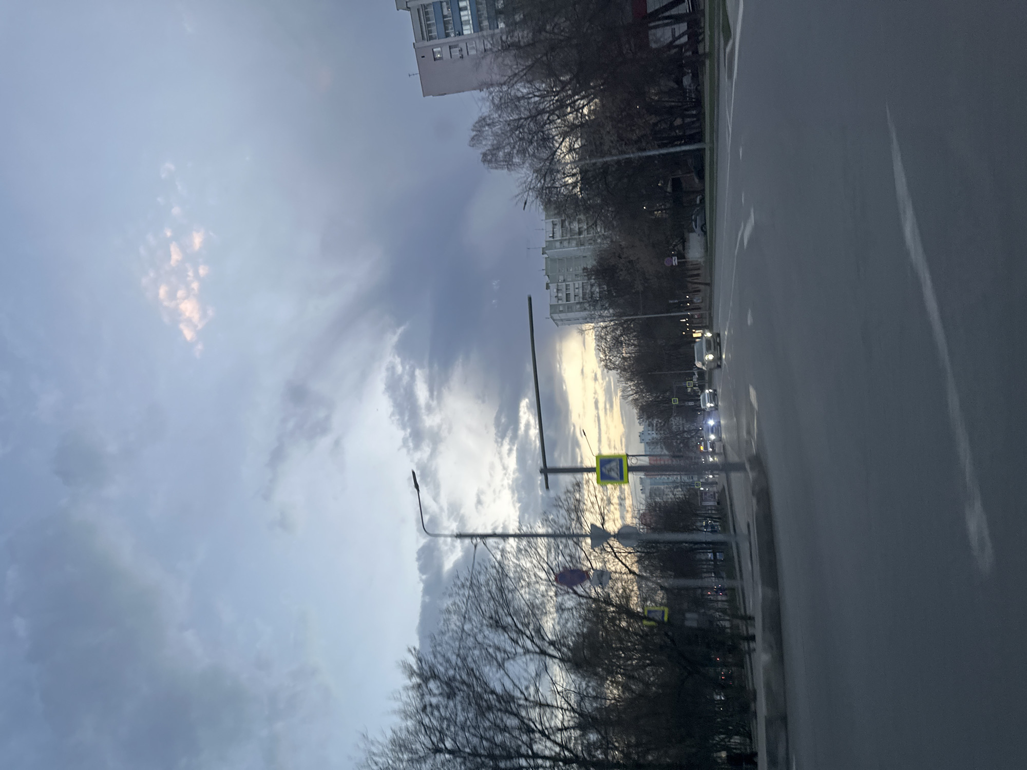 The image shows a street scene in Moscow, Russia, at dusk. A wide asphalt road occupies the right side of the frame, with faint white lane markings visible. On the left, apartment buildings rise against a backdrop of a cloudy sky with some patches of light indicating the setting sun. Bare trees line the street between the road and the buildings. Streetlights and traffic signs are present, including a pedestrian crossing sign. Several cars are driving on the road. The scene appears urban and slightly overcast.