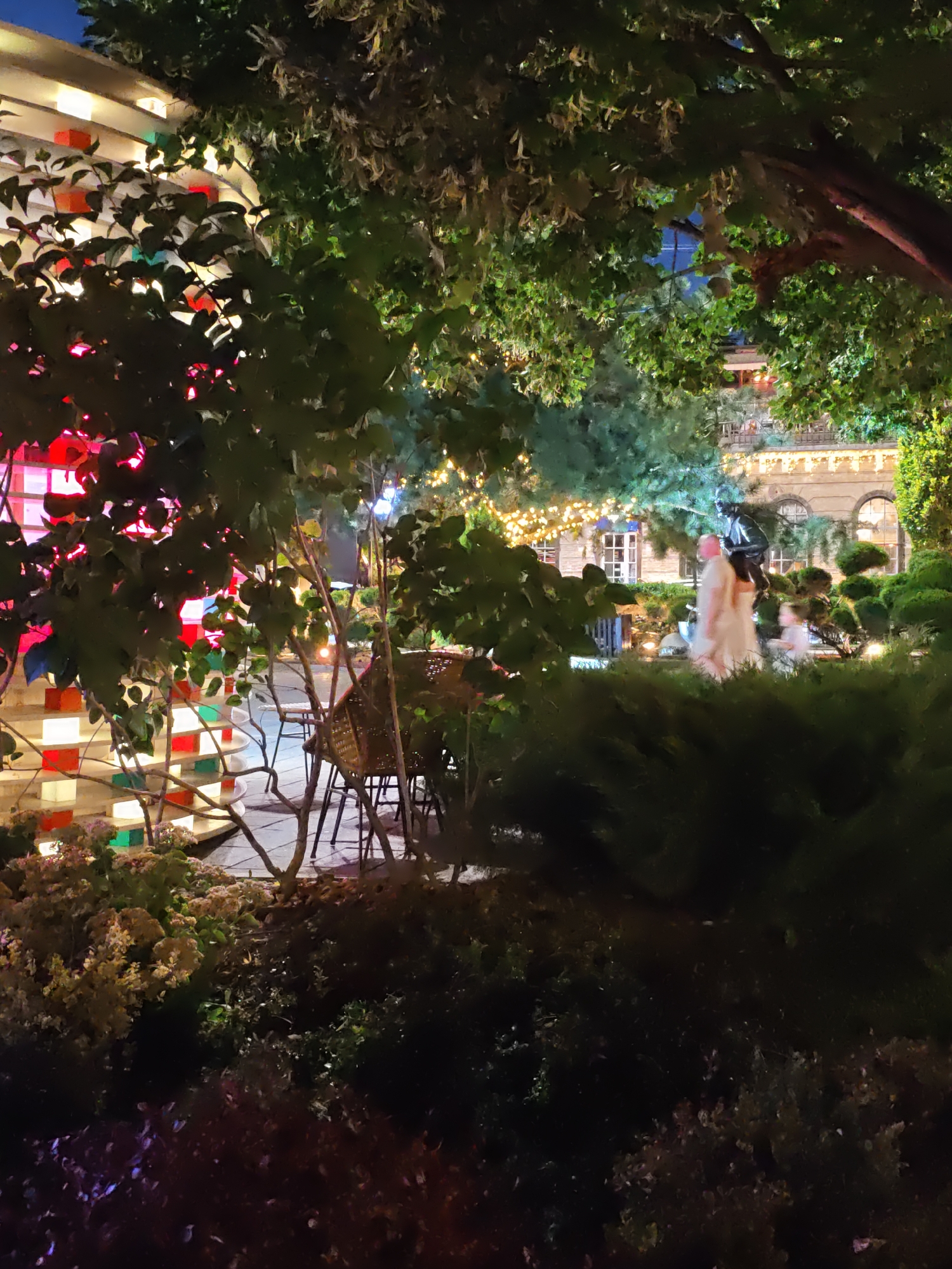 The image depicts an outdoor nighttime scene, possibly a restaurant or event venue, featuring lush greenery, decorative lighting, and a building with illuminated windows. In the foreground, dense bushes and flowering plants are visible, obscuring part of a pathway. Further back, the building facade is adorned with a series of arched windows and decorative architectural elements, with warm string lights illuminating the upper stories. Two figures, appearing to be a child and an adult in light-colored clothing, are present near the building, with the adult carrying the child on their shoulders. A statue of a person is also visible. To the left, a staircase or tiered structure is illuminated with colorful rectangular lights, alternating between red, white, and green. Tables and chairs are scattered throughout the scene, suggesting an outdoor seating area. The overall impression is one of a beautifully lit and inviting space, likely a public gathering place. The provided image does not contain information to pinpoint the specific location within Rostov-on-Don, Russia.