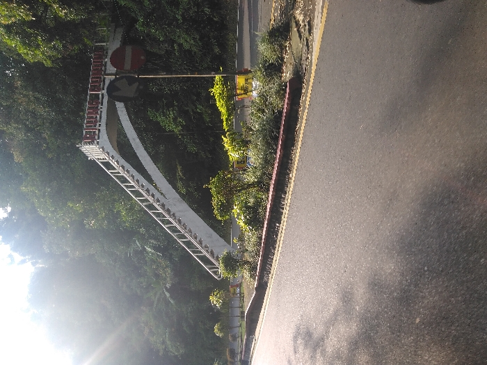 The image displays an outdoor scene of a two-lane asphalt road in Bogor, Indonesia, featuring the Jembatan Penyeberangan Orang (JPO) Pulau Emas pedestrian bridge. The road, marked with a double yellow center line and a single yellow edge line, extends from the foreground into the midground. To the immediate right of the road is a low, reddish-brown concrete curb delineating a landscaped median strip planted with various green shrubs and small trees.
Dominating the midground is a white pedestrian overpass, characterized by an upward-sloping staircase on the left and a visible arched underside. The bridge structure includes white railings with a reddish-brown top rail. The words "PULAU EMAS" are legible in white lettering on the upper section of the bridge's walkway. Adjacent to the road on the right, two circular traffic signs are mounted on a pole: a red circle with a white horizontal bar (indicating No Entry) and a black arrow pointing left with a red diagonal line through it (likely a No Left Turn restriction).
The background consists of a steep, densely vegetated hillside covered with numerous green trees and foliage. Strong sunlight, originating from the upper left, casts a bright flare and illuminates the scene, creating distinct shadows on the road surface. No individuals or active movements are present in the frame.