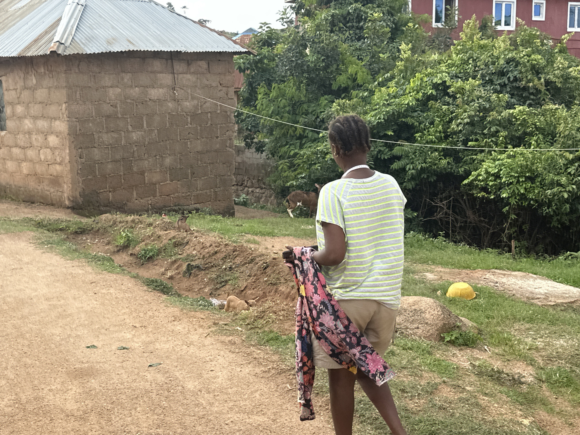In Gwong, Nigeria, a young person stands with their back to the camera, holding a colorful, floral-patterned garment. They are wearing a light gray and neon green striped t-shirt and light brown shorts. The scene is outdoors, with a dirt path in the foreground. To the left, a simple building constructed of cinder blocks with a corrugated metal roof is visible. Further back, lush green trees and bushes dominate the landscape, with a glimpse of a red building with white-framed windows in the distance. A few goats are present in the background, one near the building and another lying down in the grassy area. A yellow object, possibly a large bowl or basin, sits on the grass in the middle ground. The lighting suggests it is daytime, likely overcast or late afternoon, given the soft shadows and diffused light. The overall impression is one of a rural or semi-rural setting in Nigeria.