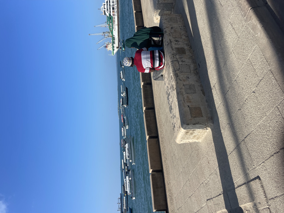The image depicts a daytime scene at a waterfront promenade in Zanzibar City, Tanzania, under a clear blue sky. Two individuals are seated on a light-colored, rectangular stone bench, facing away from the viewer and looking towards the water. The person on the left, a male, wears a red, white, and black striped short-sleeve shirt and a white kufi with a patterned band. The person on the right, a female, wears a dark green head covering and dark clothing.
In the immediate foreground, a paved stone walkway exhibits distinct sunlight and shadow patterns. A low, light-colored stone wall separates the walkway from the water. The blue-green water in the midground is populated by numerous small to medium-sized boats, including speedboats and tour vessels, with some displaying labels such as "AIR LAGUNA" and "Zan Tours". In the distance to the right, a large white and green multi-deck vessel, identified by the text "Zan Fast Ferries" on its side, is visible with several cranes. A hazy landmass is discernible on the horizon to the far left.