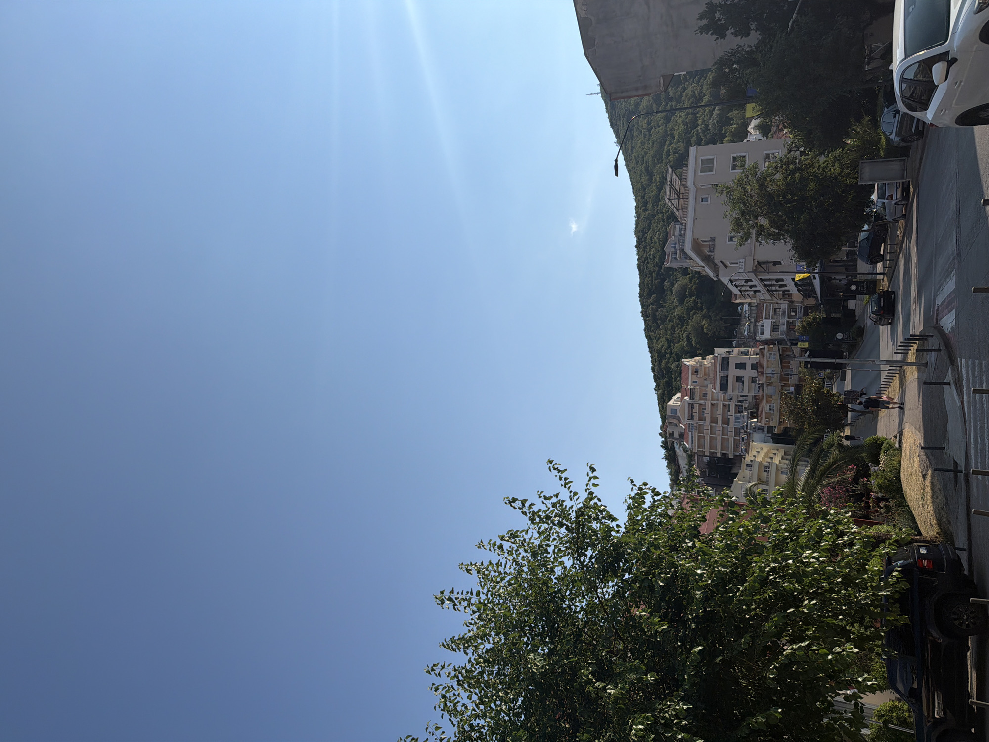 A street scene in Budva, Montenegro, is depicted on a bright, sunny day, as indicated by the clear blue sky and strong sunlight casting shadows. The image is oriented vertically, with the top of the frame showing the sky and the bottom showing a street lined with buildings and trees.
In the foreground, a large, leafy green tree occupies the lower right portion of the frame, its branches reaching upwards. To its left, a dark-colored SUV is parked. Further up the street, several buildings of varying heights and architectural styles are visible, many featuring balconies and light-colored facades. Some of these buildings appear to be hotels or apartment complexes, typical of a coastal resort town.
The street itself is paved, with a pedestrian crossing marked by white stripes. Several cars are parked along the side of the street, and a few people can be seen walking on the sidewalk. A lamppost stands along the street. In the background, a densely wooded hill rises steeply behind the buildings, suggesting a mountainous or hilly terrain characteristic of Budva.
The overall impression is one of a bustling Mediterranean town on a warm, clear day. The light suggests it is likely late morning or early afternoon. There is no visible text in the image.