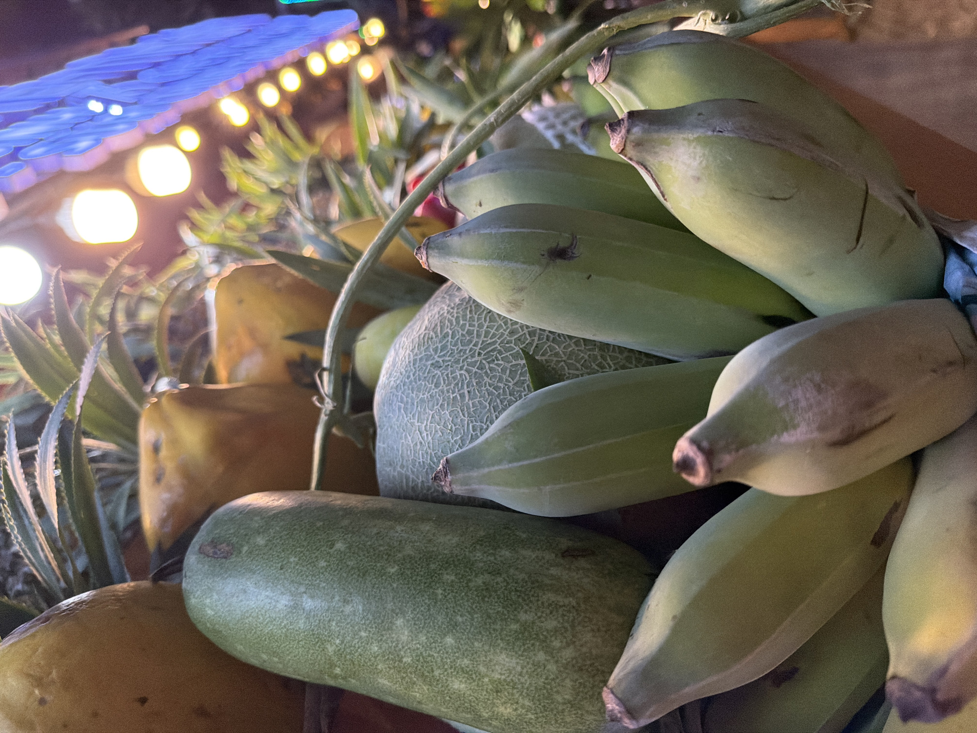 A close-up, low-angle shot features a collection of fruits, including a bunch of green bananas in the foreground, a large green gourd-like vegetable, and a cantaloupe. Behind these, partially obscured, are what appear to be yellow fruits, possibly papayas or mangoes. The background is blurred, showing bright lights and what might be illuminated signage, suggesting an outdoor setting at night, likely a market or food stall in Nha Trang Ward, Vietnam. A small spider is visible on one of the bananas.