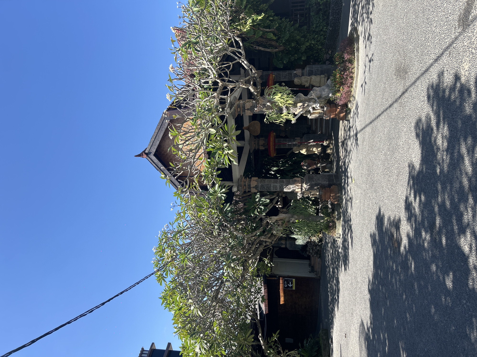 A sunny, clear blue sky dominates the upper portion of the image, with a black electrical wire stretching diagonally across it from the upper left corner. Below the wire, a building with a traditional Balinese architectural style is visible, featuring a thatched roof and dark wood accents. The building is flanked by two large, leafy frangipani trees, one on each side of the entrance. The entrance itself is adorned with stone statues, red umbrellas, and lush greenery. A paved road with dappled shadows from the trees stretches across the foreground. The building appears to be a shop or a restaurant, possibly located in Kuta, Indonesia, given the architectural style. There are no people visible in the image.
