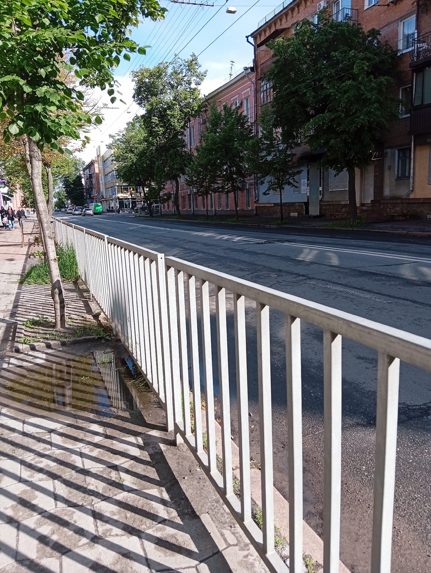 The image shows a street scene in Poltava, Ukraine. A light gray metal fence runs along the sidewalk, casting shadows on the patterned pavement. A puddle is visible next to the fence, reflecting the surroundings. The sidewalk borders a wide street with double white lines marking the lanes. Buildings line the opposite side of the street, with trees planted between them. Several vehicles, including a green bus, are visible in the distance. Some people are walking on the far side of the sidewalk across the street. Overhead electrical wires are strung between poles.