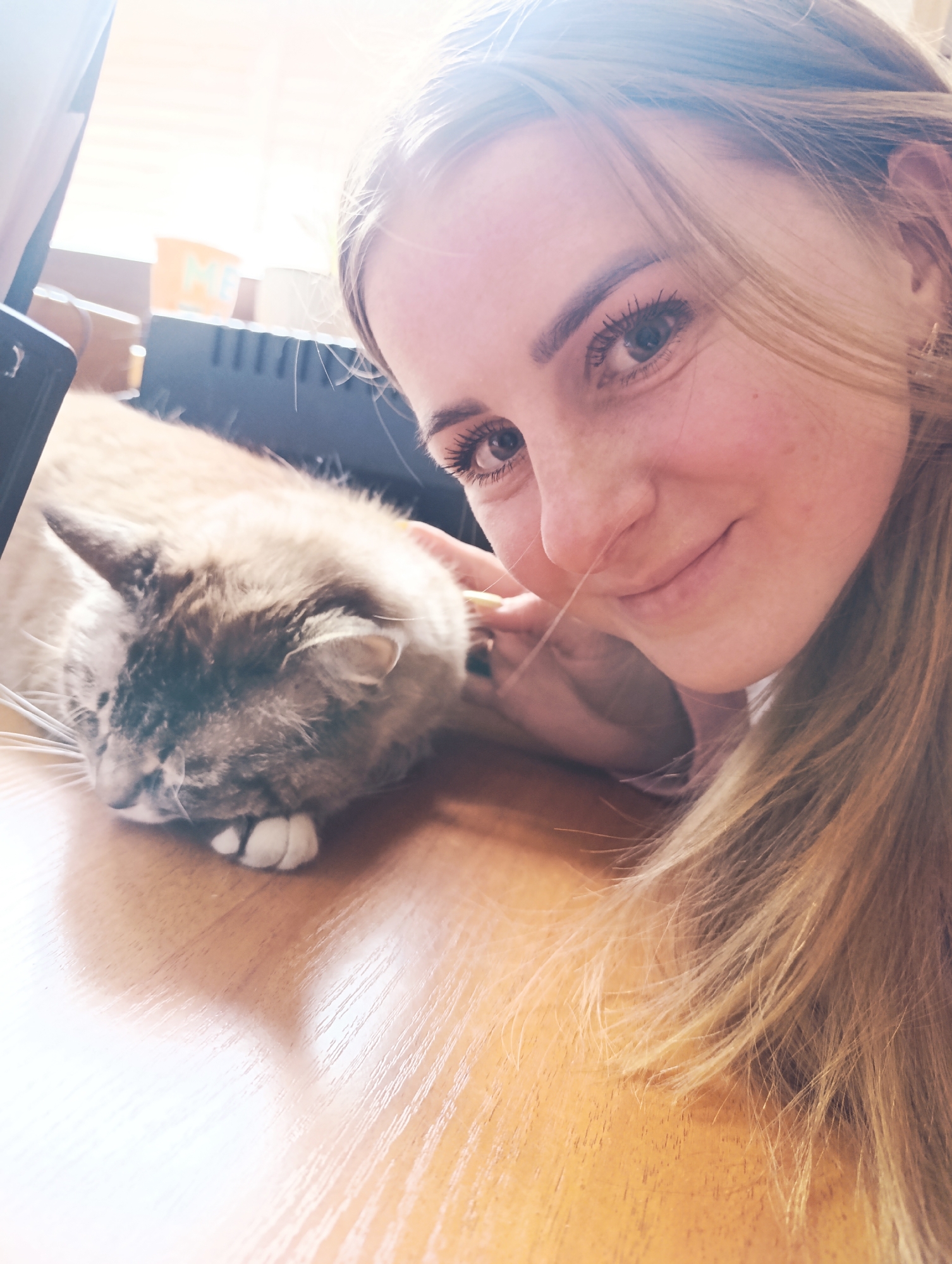 A young woman with fair skin, freckles, and long blonde hair is taking a selfie with a cat. The cat, a light brown and gray Siamese mix, is lying on what appears to be a wooden table or desk. Its paws are tucked beneath its head. The woman is smiling slightly, looking directly at the camera. Her right hand is near the cat's face, but it is unclear if she is petting it.
Behind the cat and the woman are some objects including a computer screen and a dark object that appears to be a printer or speaker. The lighting in the scene is bright, possibly from a window or artificial lighting. The location appears to be indoors, potentially in a home or office. There are no identifying details to determine the city or specific location.
