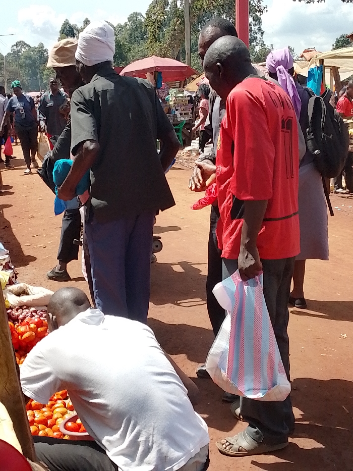 The scene is a market in Lwandeti, Kenya, at latitude 0.563 and longitude 34.806. A man wearing a red shirt and jeans holds a pink and blue striped plastic bag in his right hand while talking to a man in a dark shirt and jeans who is wearing a white hat. The man in the red shirt has a white undershirt that is visible underneath the shirt. To their left, a man wearing a white t-shirt and jeans is looking down at a bowl of tomatoes. There are other people in the background but they are not in focus. The ground is dirt and there is a wooden crate in the foreground. The man wearing the white shirt is examining a bowl of tomatoes, and may be making a purchase from the man in the red shirt. The man in the dark shirt and jeans is talking to the man in the red shirt and is likely making a purchase as well. There are other market stalls in the background, including a red canopy tent. The overall scene appears to be a typical market day in a rural town in Kenya.