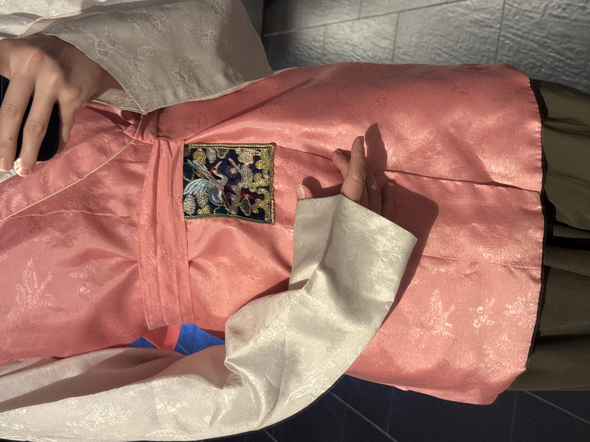 The media file shows a close-up view of someone wearing a traditional Korean hanbok, specifically a jeogori (jacket) and chima (skirt). The jeogori is a pale, textured fabric with a subtle floral pattern, and the chima is a vibrant pink, also with an embossed pattern, likely featuring floral or bird motifs. A decorative patch with an embroidered crane and intricate golden details is visible on the chima. The person's hands are visible; one is resting on the fabric, and another is placed near the embroidered patch. The setting appears to be indoors, with a tiled wall in the background and a dark floor. There is no visible text. The lighting suggests an indoor environment, possibly during the day or with artificial lighting. The image focuses on the textures and colors of the hanbok, hinting at an occasion where this traditional attire is being worn. The close-up perspective creates an intimate feel, emphasizing the details of the garment and the presence of the person wearing it.
