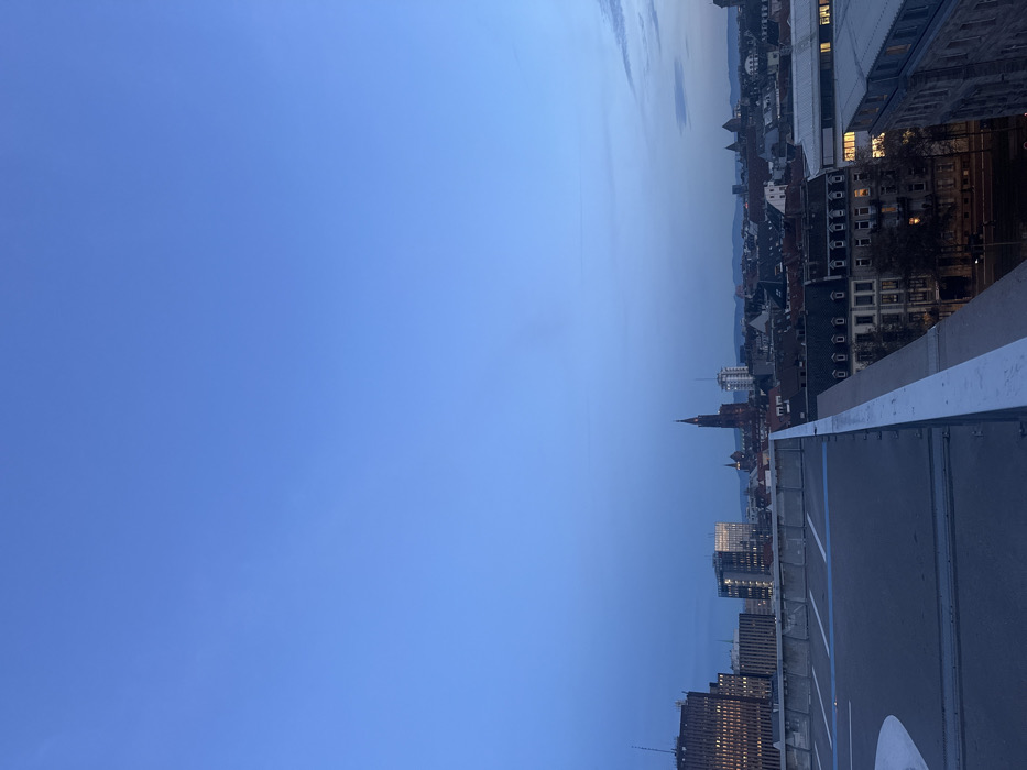 The image presents a panoramic view of Strasbourg, France, observed from a high vantage point, likely a rooftop or helipad, during dusk or early evening. In the immediate foreground, a dark grey, flat surface resembling a helipad is visible, marked with white and blue lines, and bordered by a white railing.
The midground showcases the city's extensive skyline, featuring a blend of traditional European architecture with dark-tiled roofs and lighter facades, interspersed with some modern buildings. A distinctive, reddish-brown stone spire, characteristic of a large cathedral, dominates the mid-left section of the cityscape, strongly resembling the Strasbourg Cathedral. Lights are illuminated in several building windows, indicating the twilight hour.
The background is dominated by a vast, clear blue sky that gradually lightens towards the horizon, where the faint outlines of distant hills or mountains are visible. The overall scene conveys a serene atmosphere as the city transitions from day to night. There are no people visible, and no specific activities are taking place. No discernible text is present other than the abstract markings on the foreground surface.