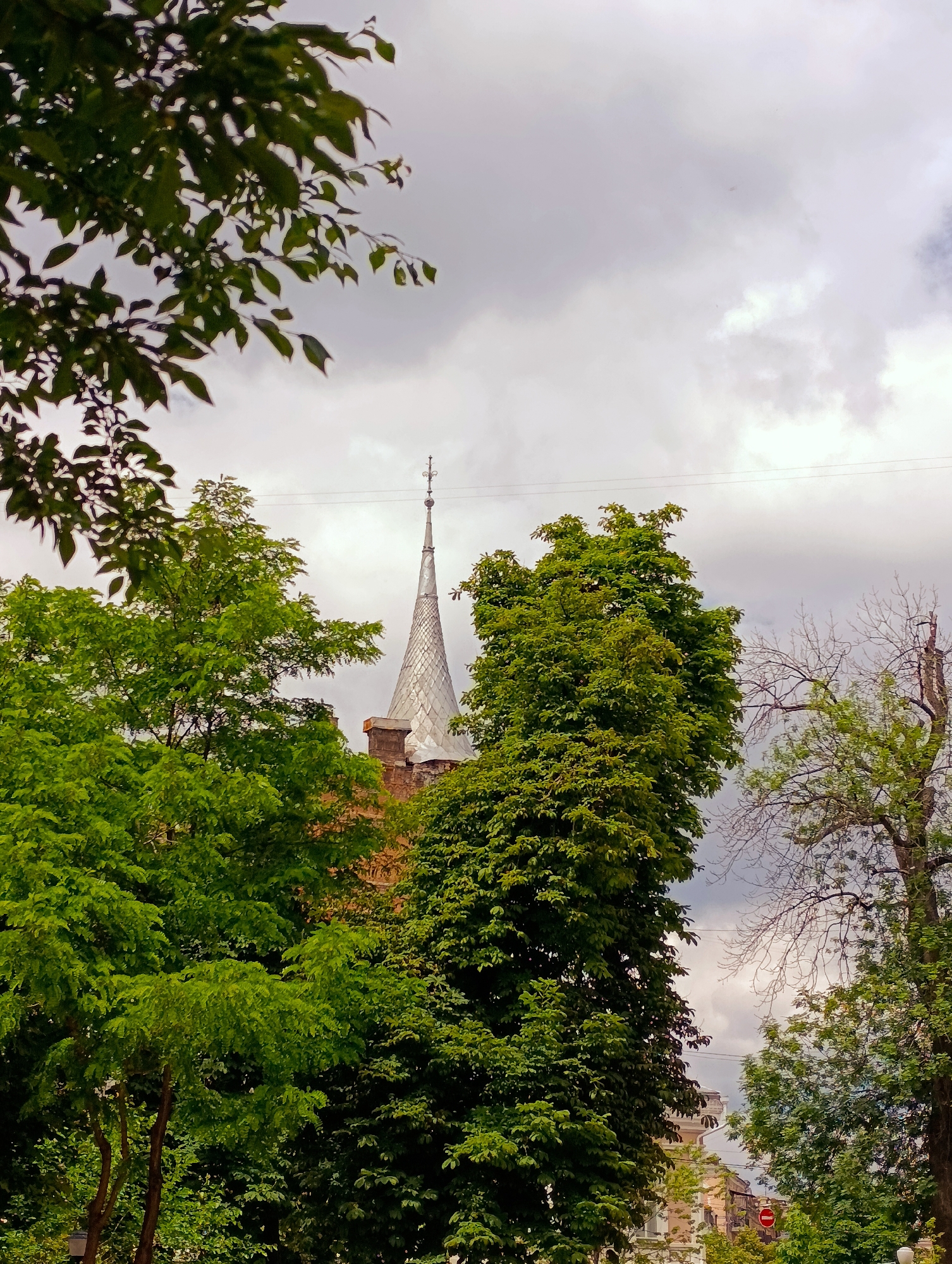 The image shows a view of a city street in Kyiv, Ukraine, with a spire of a building peaking through lush green trees. The sky is overcast with gray clouds. In the foreground, there are large, leafy trees on the left and right, partially obscuring the view of the building. The spire, covered in a metallic, diamond-patterned material, is the most prominent architectural feature visible. A building with a reddish-brown roof is partially seen below the spire. Electrical wires are visible stretching across the upper part of the frame against the sky. The overall impression is of a green, urban environment under a cloudy sky.