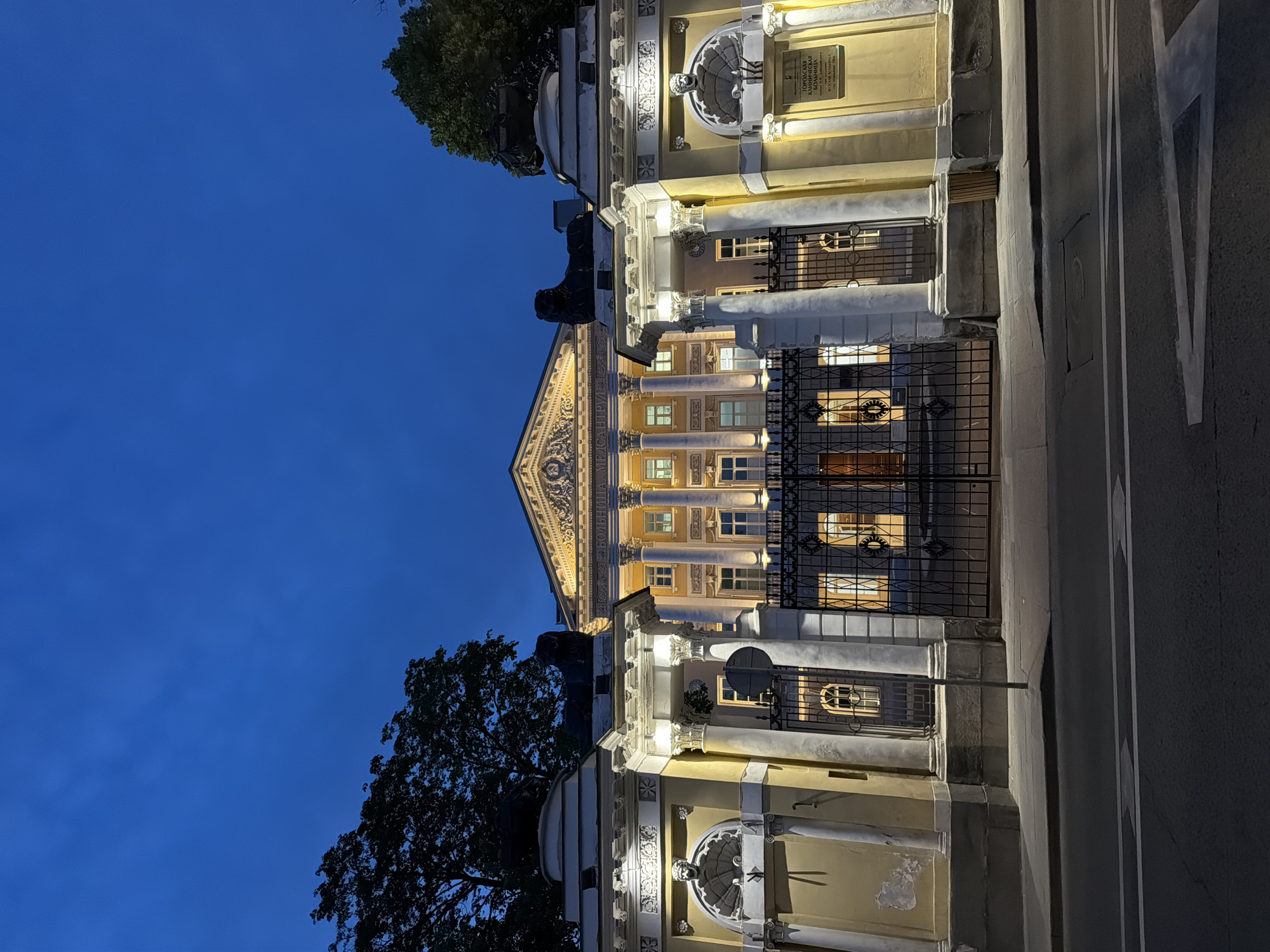 The image shows the front facade of the Moscow State Medical University, also known as Sechenov University, located on Bolshaya Pirogovskaya Street in Moscow, Russia. The building is illuminated at dusk, with the sky a deep blue. The main building features a neoclassical design with columns and intricate architectural details. In front of the building, there is an ornate wrought-iron gate. Flanking the gate are large stone pillars topped with sculptures of lions. Decorative elements, including relief sculptures and urns, are visible on the gateposts and the building's entrance. The street in front of the university is paved, with white lane markings. Trees are visible on either side of the building, silhouetted against the twilight sky. A sign in Russian is mounted on the right gatepost. There are no people visible in the image.