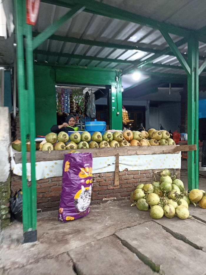 The scene is a small, open-air stall located in Jatinangor, Indonesia at the coordinates -6.936, 107.774. A woman is standing behind the counter, which is stacked with fresh coconuts. There is a large bag of pet food sitting on the ground in front of the counter. The stall has a green roof and a brick wall. There are a few coconuts on the ground in front of the stall.